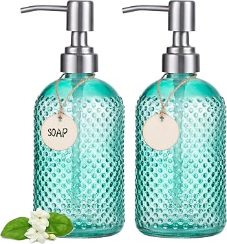 HBlife 2 Pack 16 Oz Glass Soap Dispenser with Stainless Steel Pump, Kitchen Bathroom Refillable Lotion Dispenser Green