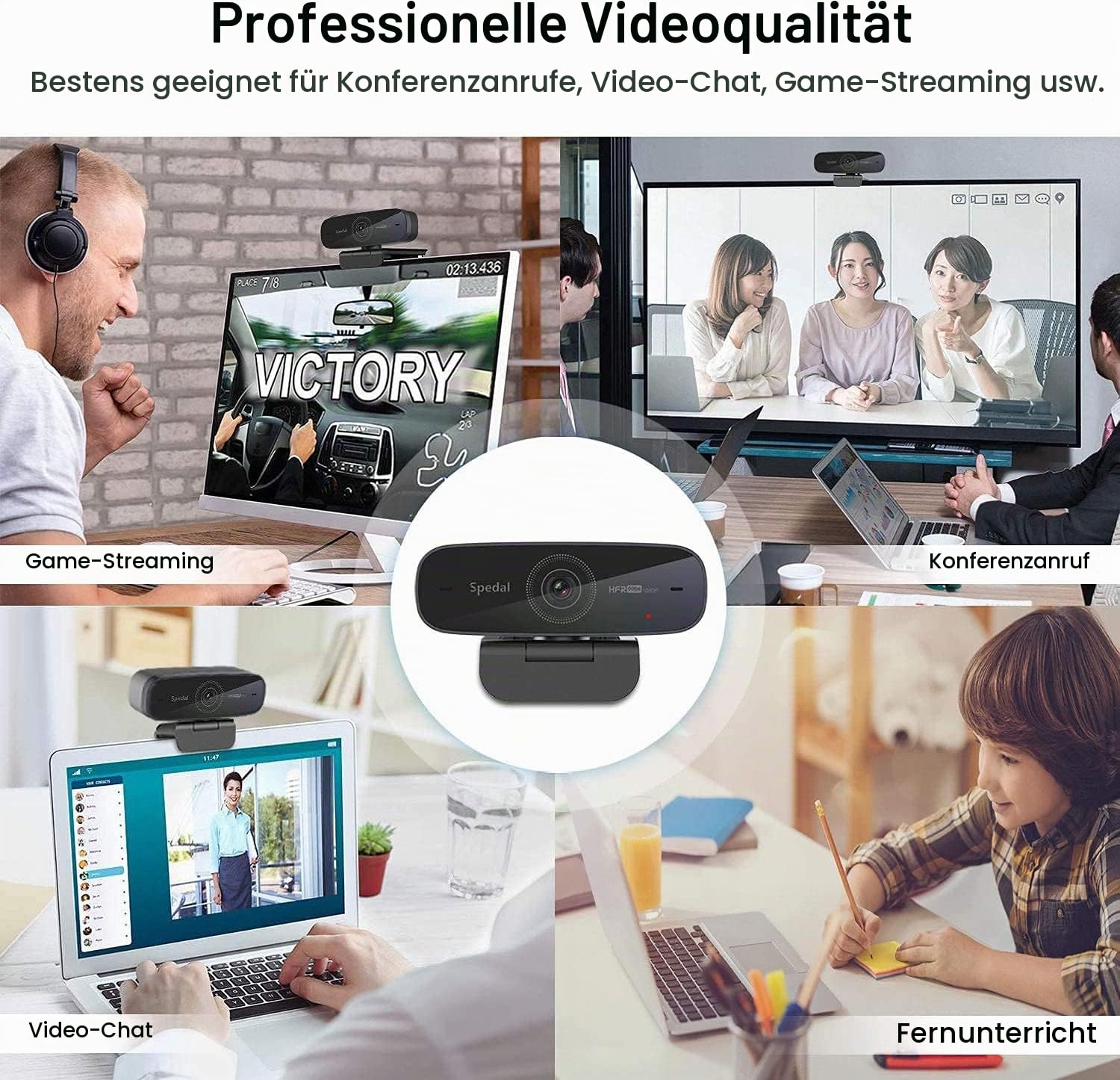 Spedal Webcam 1080P 60FPS mit Autofokus, PC Kamera mit Dual-Stereo-Mikrofon, Flüssiges Streaming USB Webkamera für Gaming, Home Office, OBS, Zoom & Teams