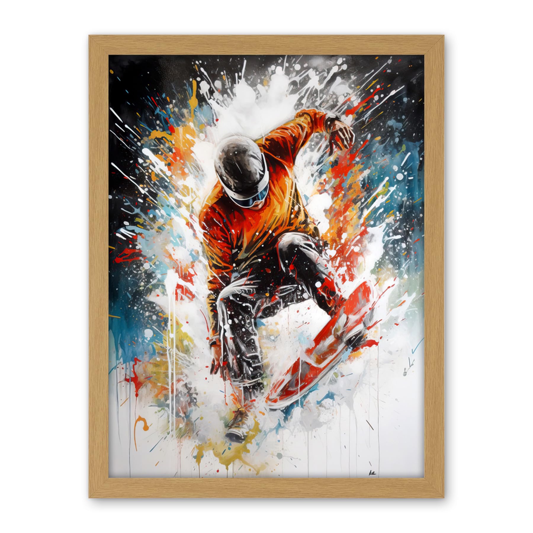 Artery8 Extreme Sports Snowboarding Paint Splat Portrait Artwork Framed Wall Art Print 18X24 Inch