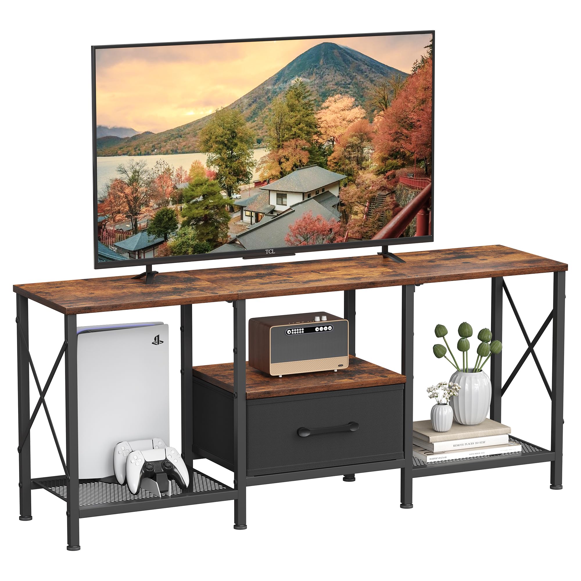 Photo 1 of JARHETUN TV Stand with Fabric Drawer - Rustic Brown