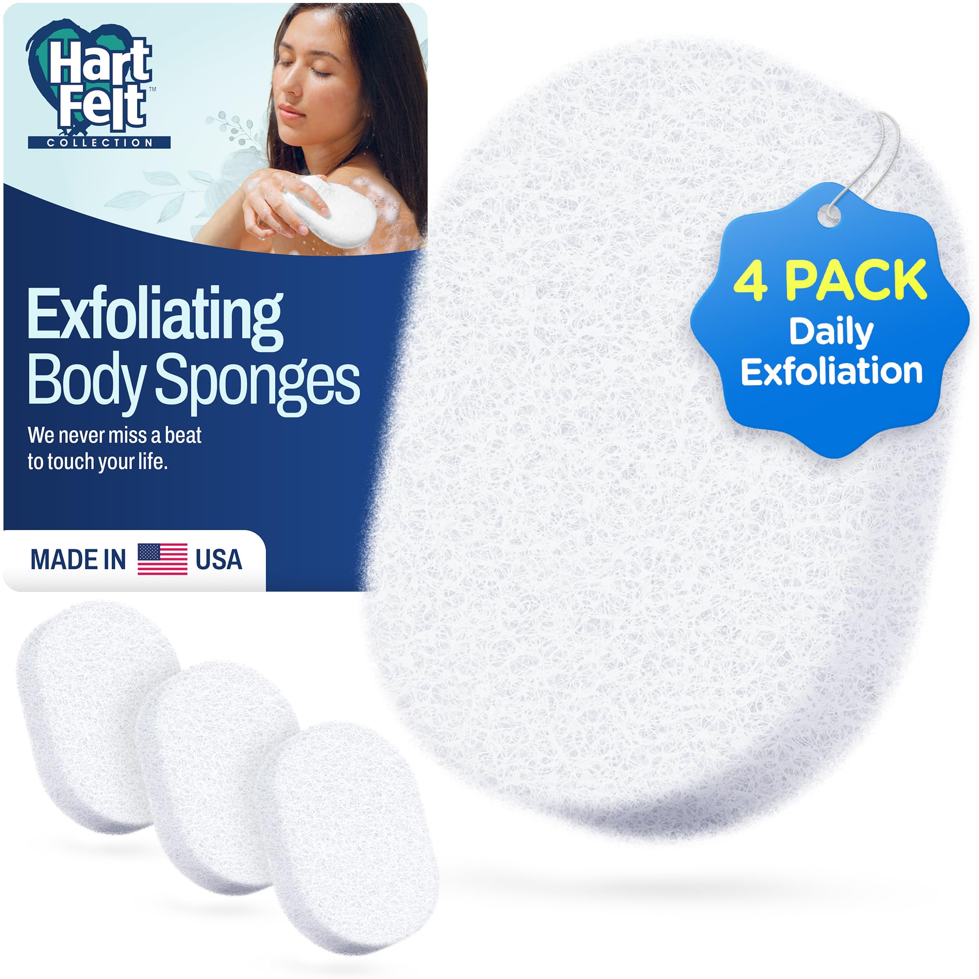 HartFelt Bath Sponges for Shower | Oval Body Wash Scrubber for Exfoliating Skin | Clean and Refresh Body, Back & Arms | Chemical-Free Body Sponge |