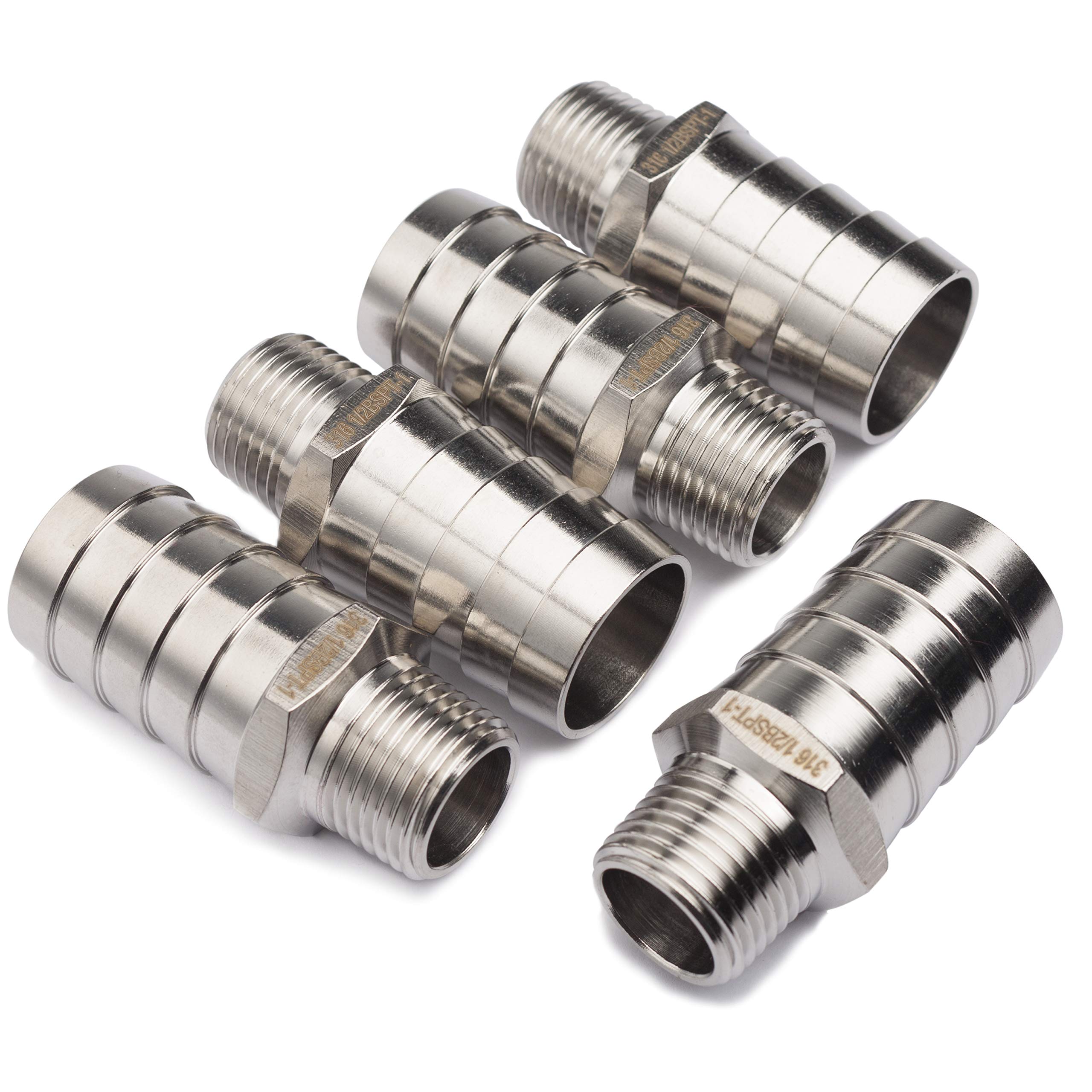 Ltwfitting Men's Pack Of 5Pcs Stainless Steel 316 Barbed Fitting Connector 1/2" Bspt X 1"(25Mm) Hose Barb Fuel Gas Water (Pack Of 5)