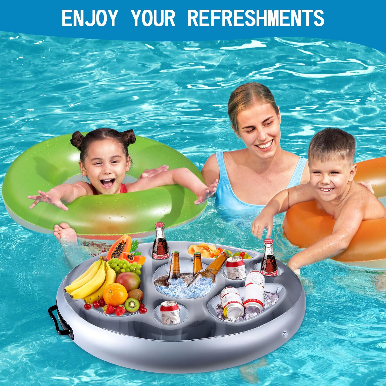 Amzeeniu Portabibite Gonfiabile Portabevande 2-in-1 e Porta Snack Bar Piscina Portabottiglie Galleggiante PVC Portabottiglie Gonfiabile Galleggiante Festa in Piscina Estiva