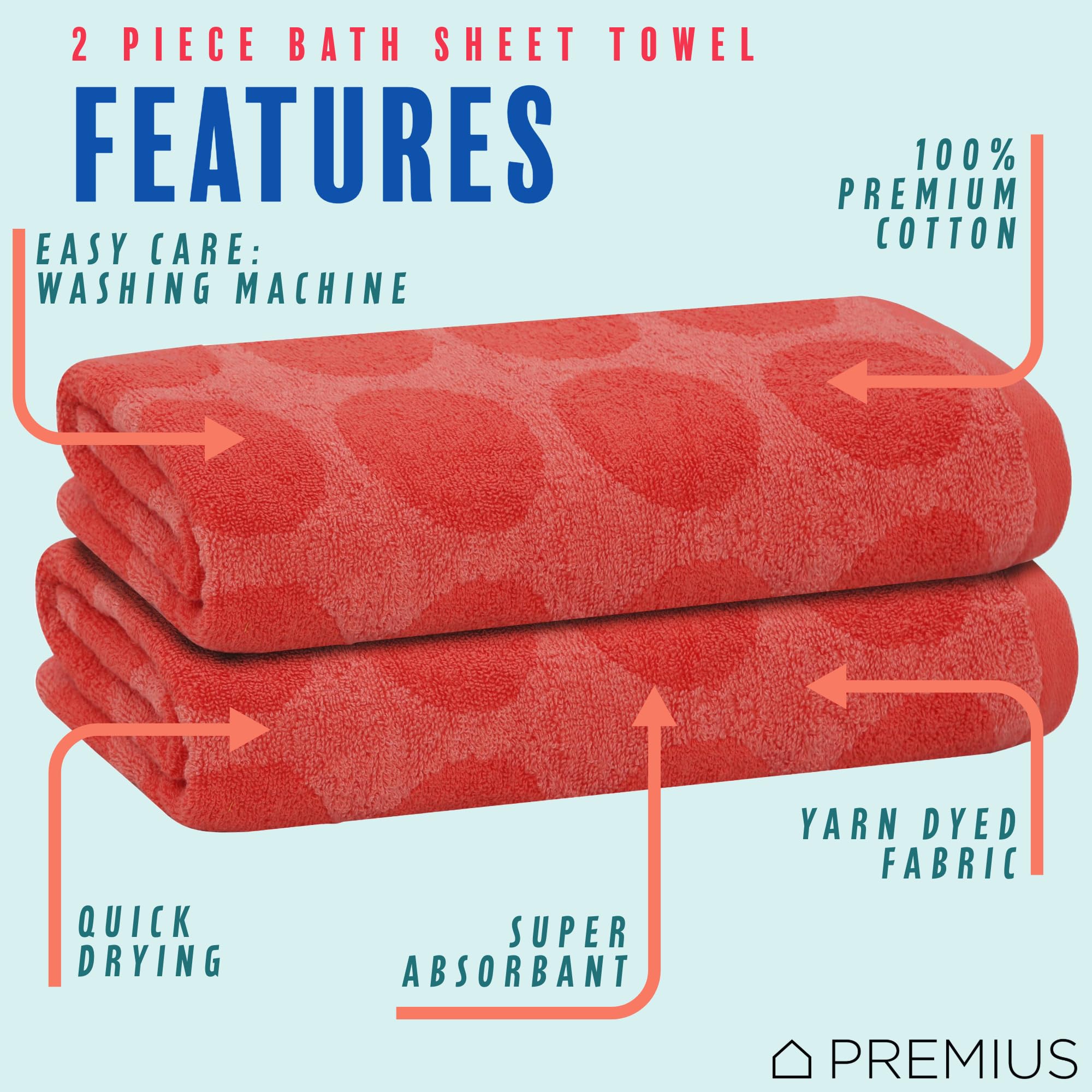 PREMIUS 2 Pack Circles Polka Dot Bath Sheet Towels, 100% Cotton Yarn Dyed, 32x64 Inches, Ultra Soft & Absorbent, Fast Drying, Durable & Quick-Drying for Bathroom, Spa (Coral)