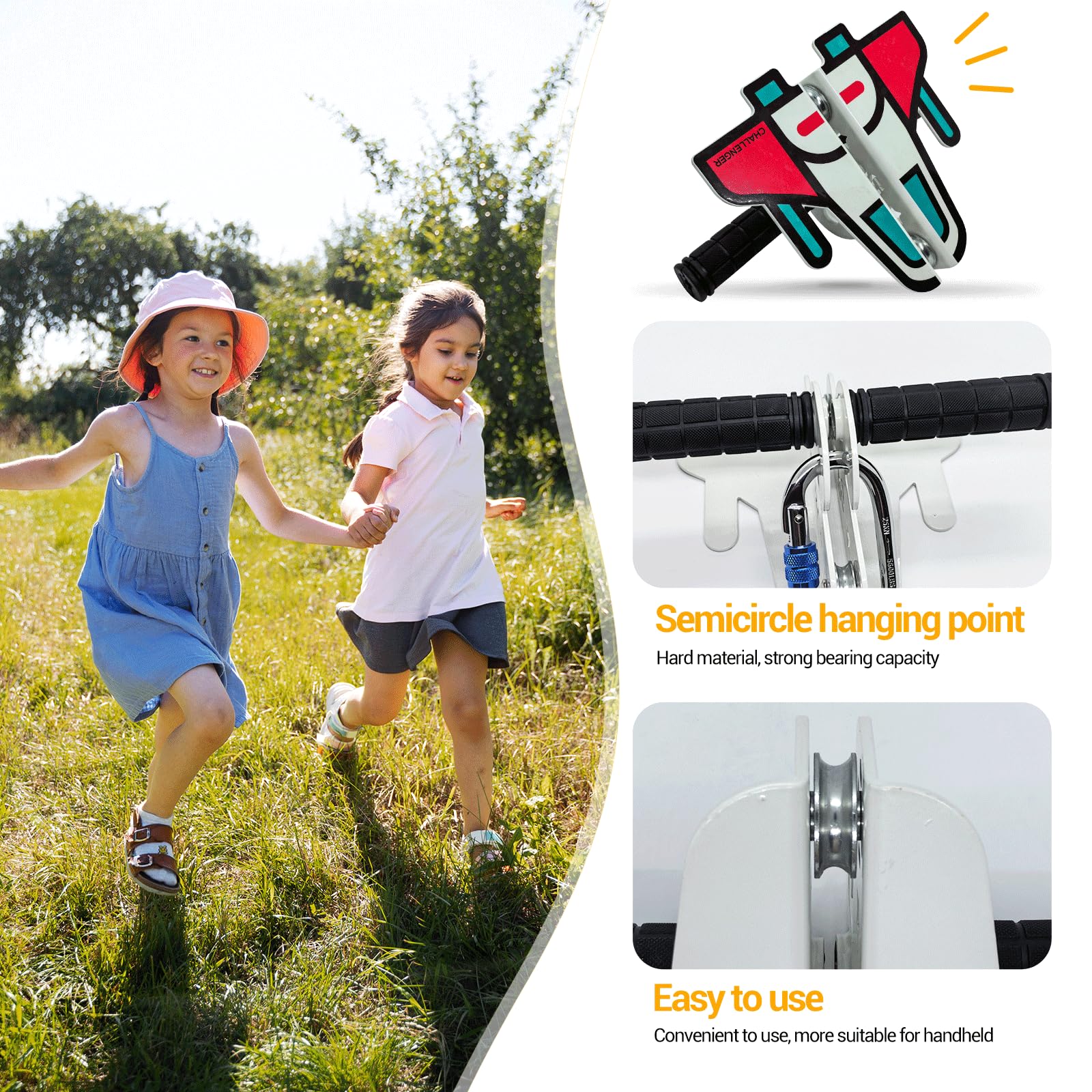 Slackline Set tirolina eslingas de Amarre 24 m 80 pies para niños y Adultos,Juego de Aventura en el Patio Trasero,hasta 150 kg Resistente,Cable de Seguridad y Freno de Resorte,Estilo de avión Naranja