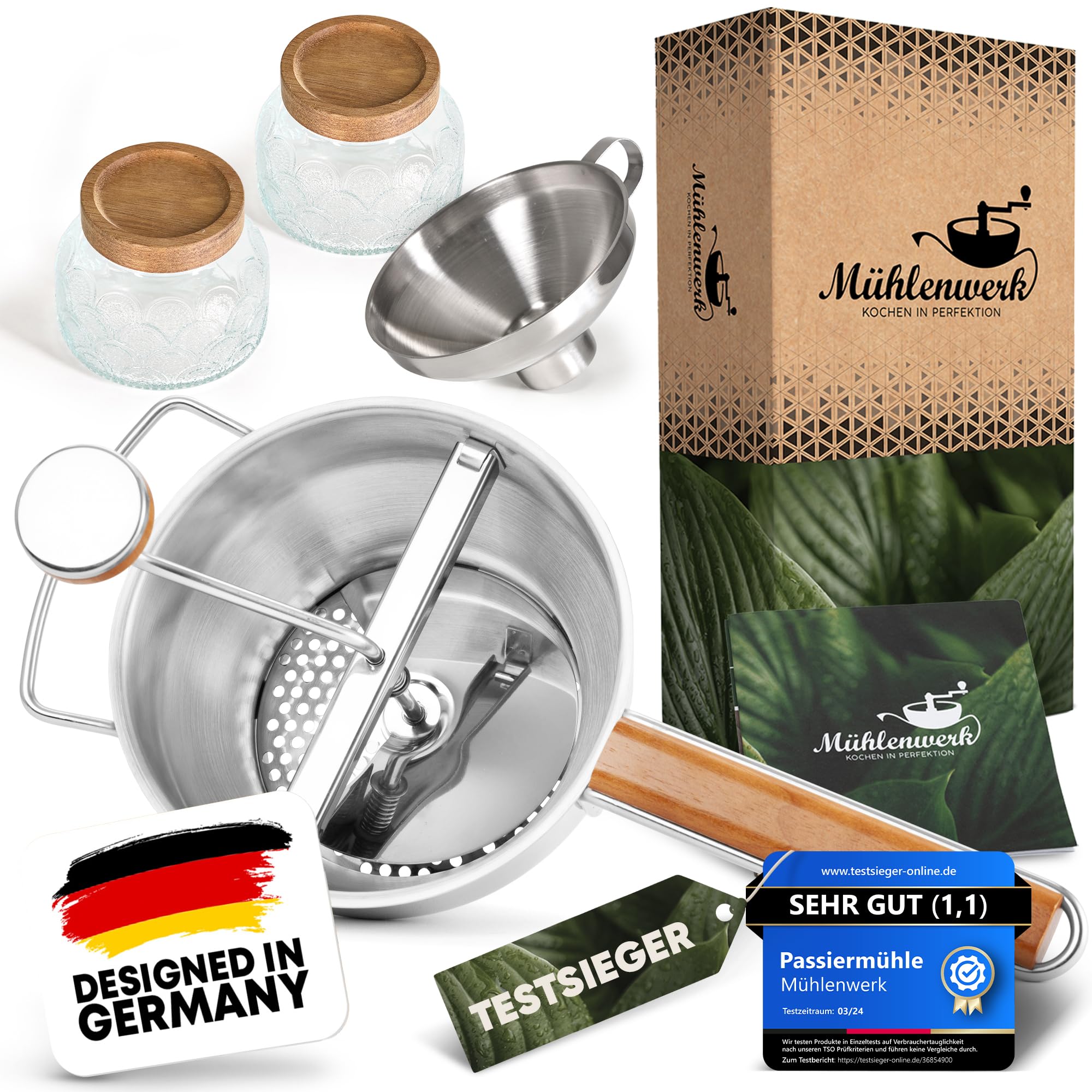 𝐌Ü𝐇𝐋𝐄𝐍𝐖𝐄𝐑𝐊 Passiermühle + Marmeladengläser, Trichter & 3 Einlagen