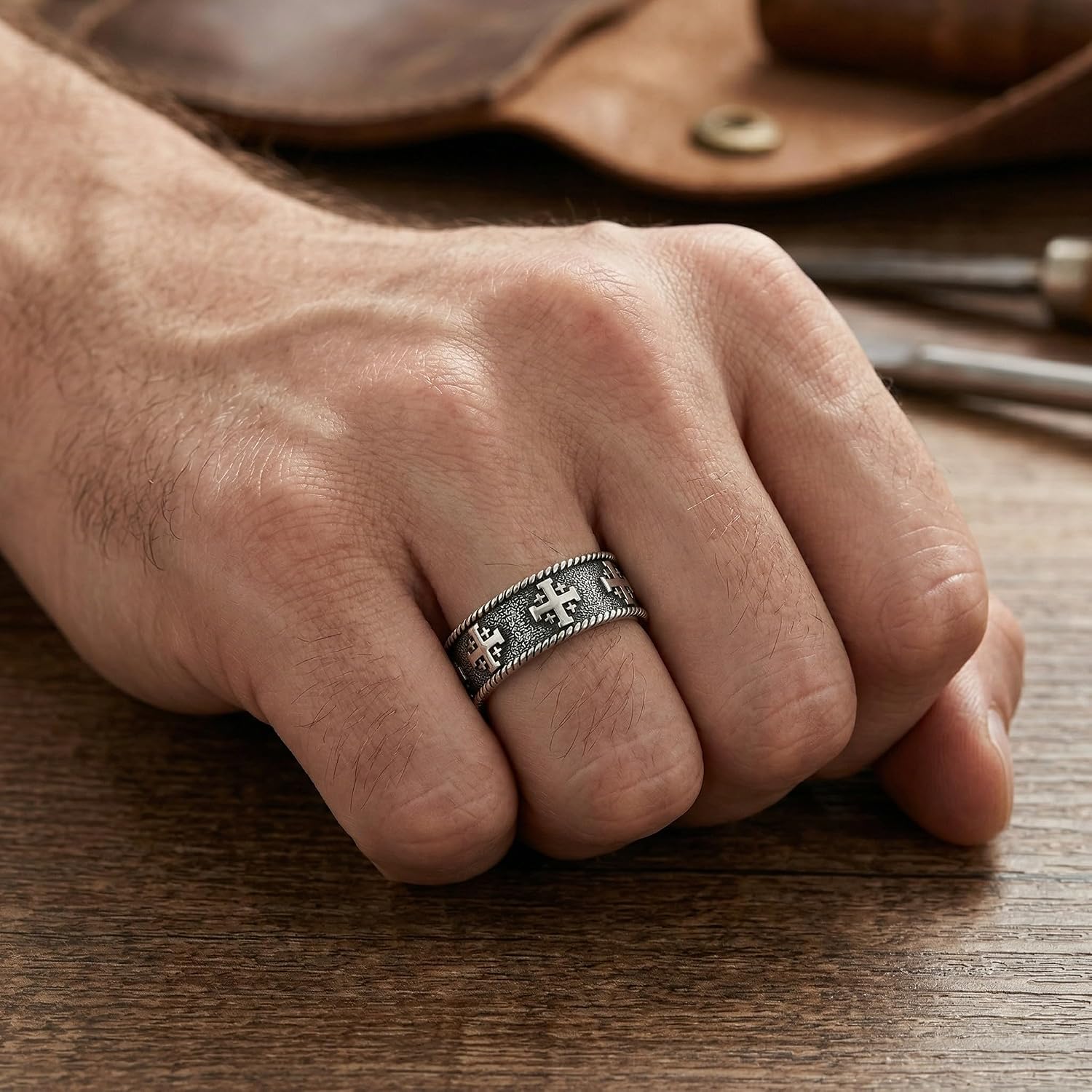 Jerusalem Cross Ring for Men 925 Sterling Silver Size 9-13 Oxidized Crusader Knights Templar Band Ring Religious Christian Faith Jewelry Retro Catholic Pinky Thumb Rings Gift for Him