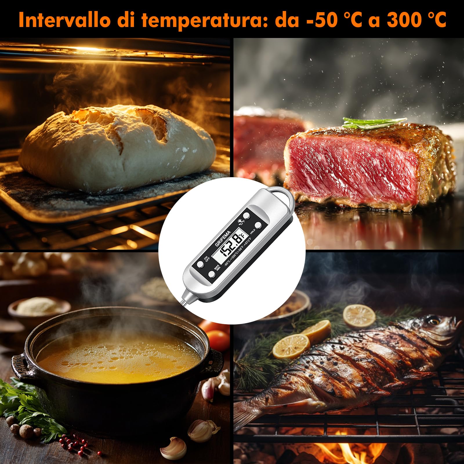 GRIFEMA GA2802 Termometro da Cucina, Sonda in Acciaio Inossidabile 304, Misurazione Rapida, per Barbecue Forno Pasticceria