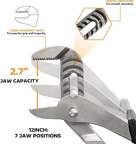 Miniatura 4 de Olympia Tools Alicates de lengüeta y ranura de 12 pulgadas, alicates de mandíbula recta con agarre acolchado, 7 posiciones de mandíbula, capacidad