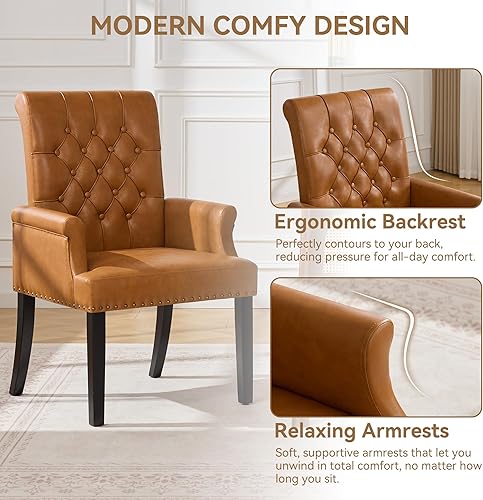 Miniatura 3 de Silla de comedor de piel sintética con brazos, sillas de comedor tapizadas con respaldo alto, sillón decorativo con patas de madera maciza y ribete