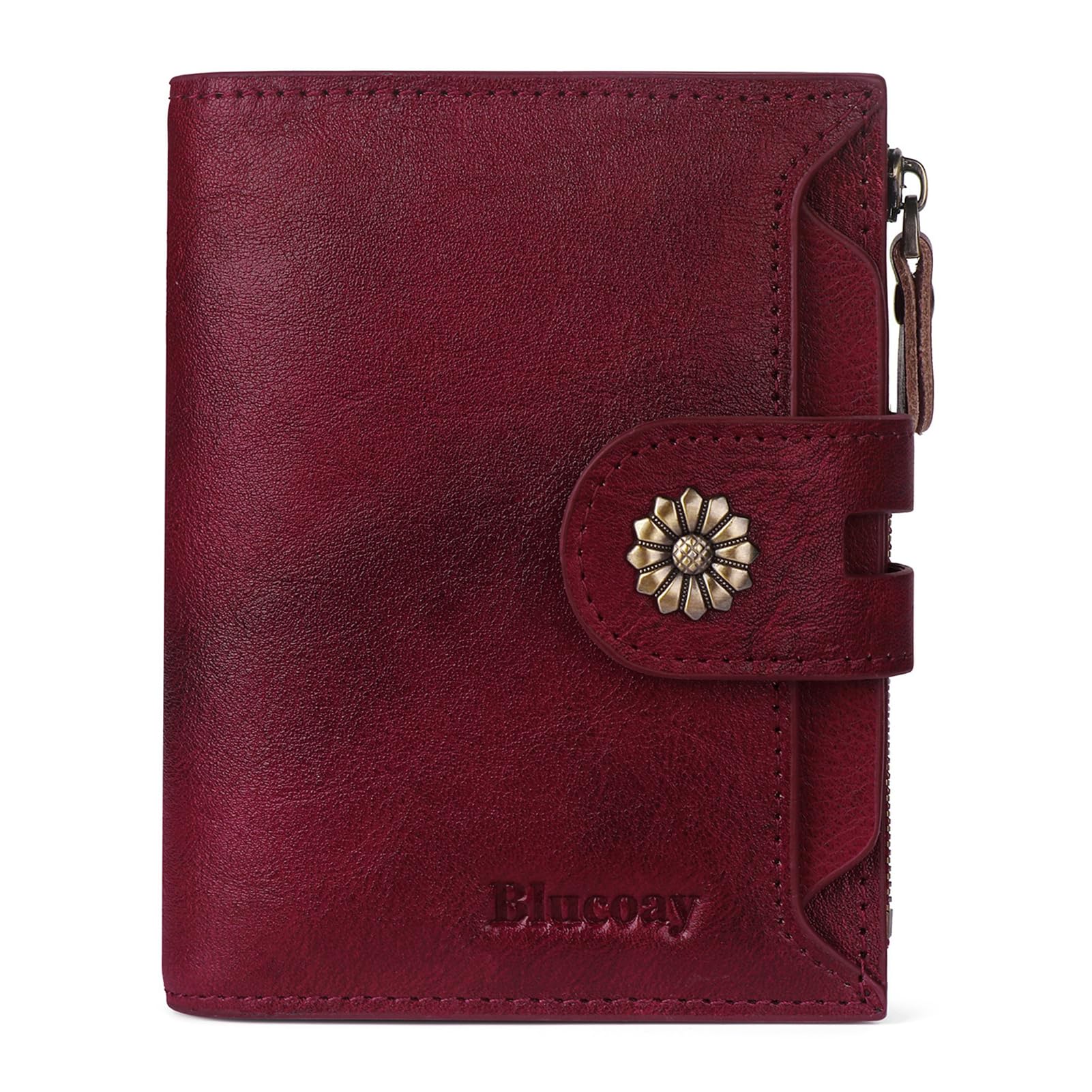 Blucoay Wallet Women,RFID Blocking Real Leather Womens Wallet Bifold Compact Card Holder Small Wallet for Women with Removable ID Window Red