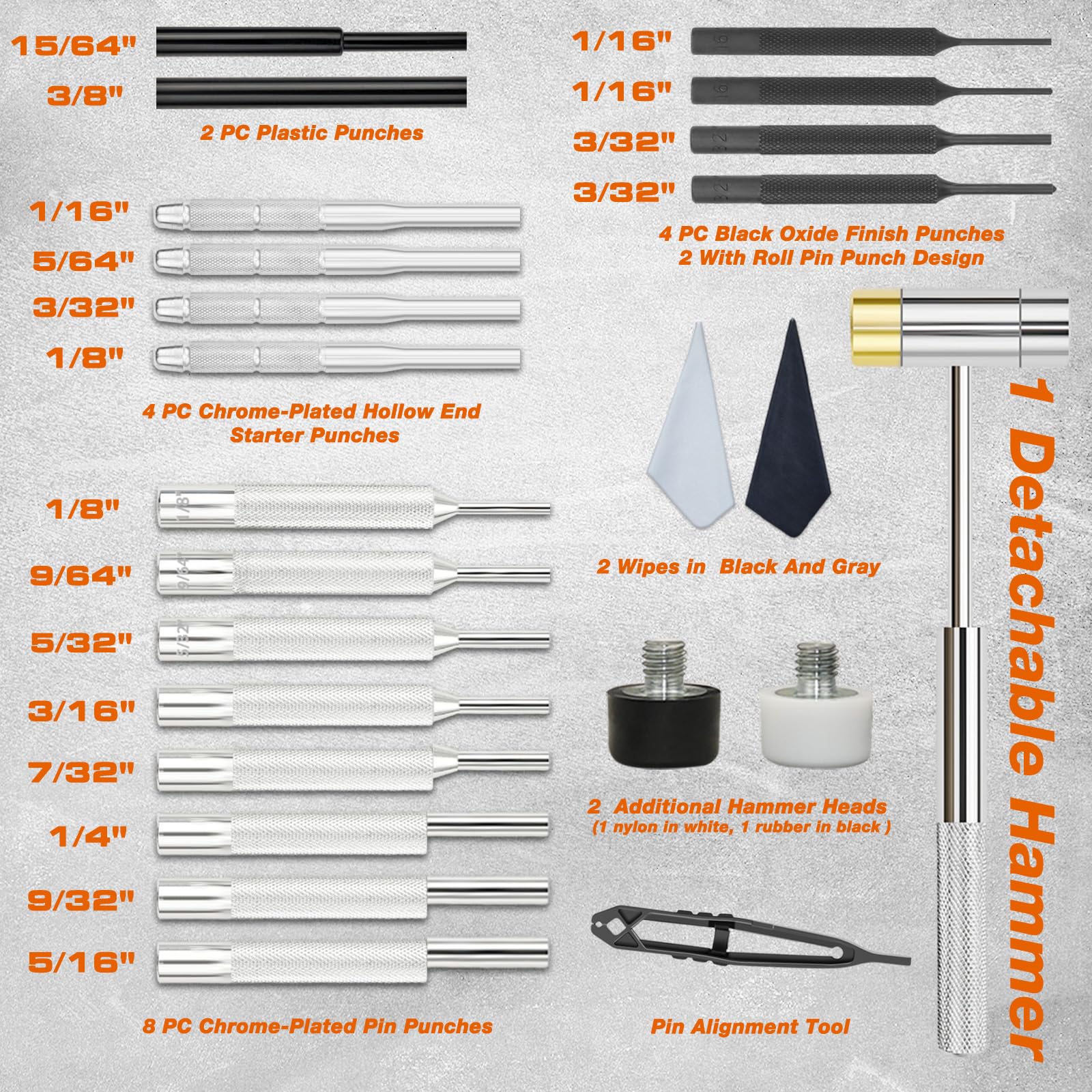 BESTNULE 24pc Punch Set - Hammer, Roll Pins & Tweezers -2