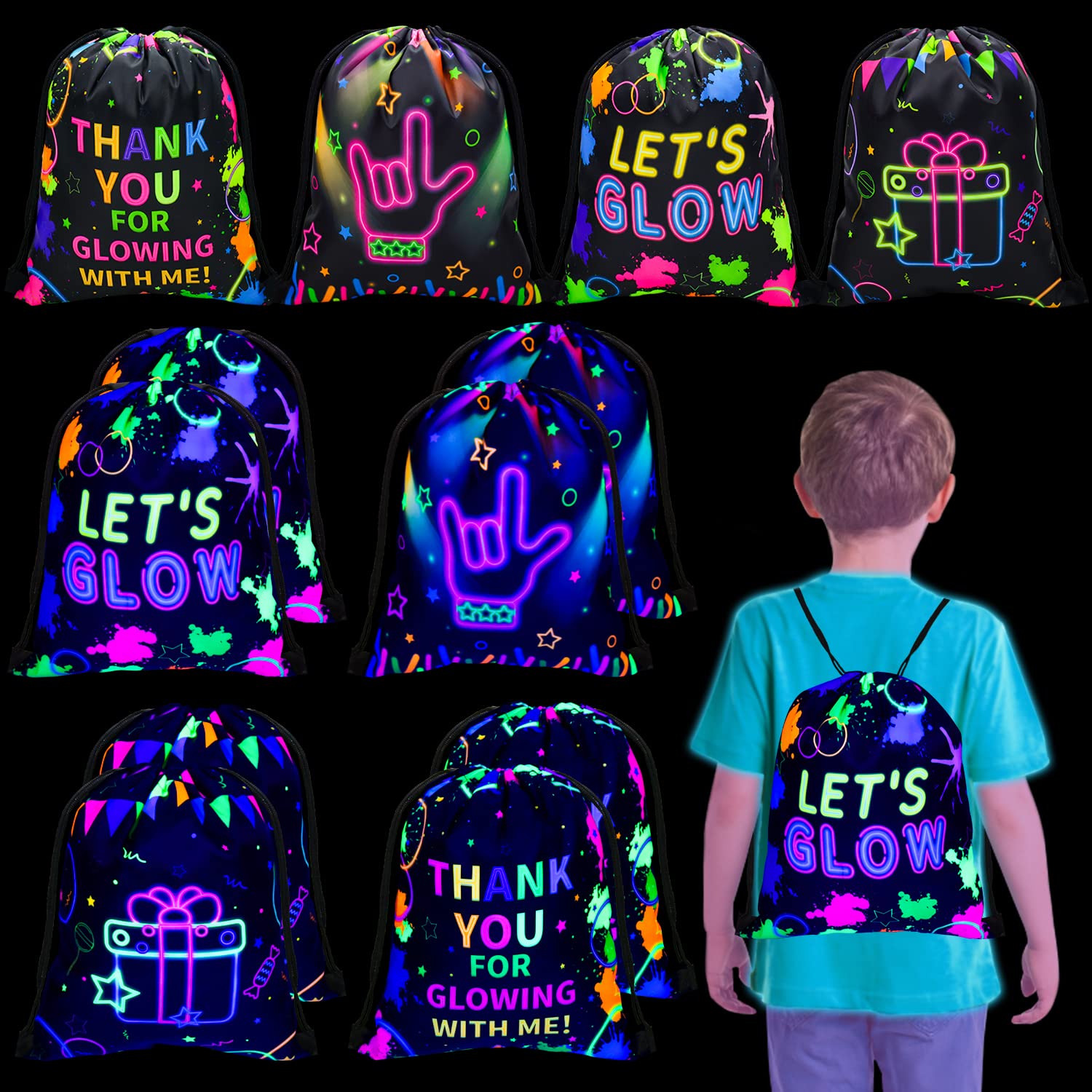 XJLANTTE 12 Pcs Neon Drawstring Gift Bags Glow Backpacks Goodie Bags Glow Party Supplies Favor Bags for Birthday Party Let’s Glow Party Decorations