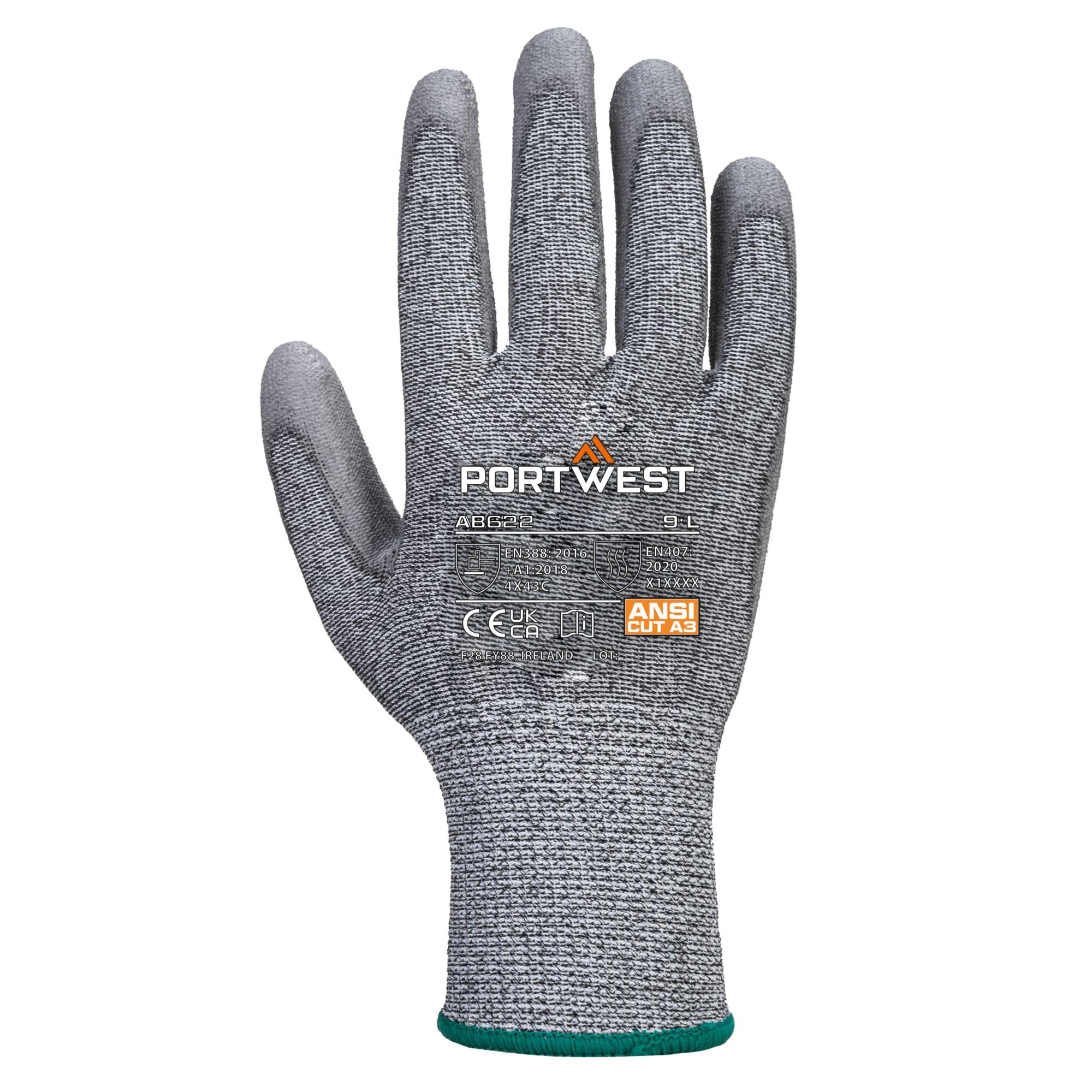 Portwest Hand Protection Grey Elastane, Glass Fibre, HPPE, Polyester Cut Resistant Work Gloves, Size M, Polyurethane