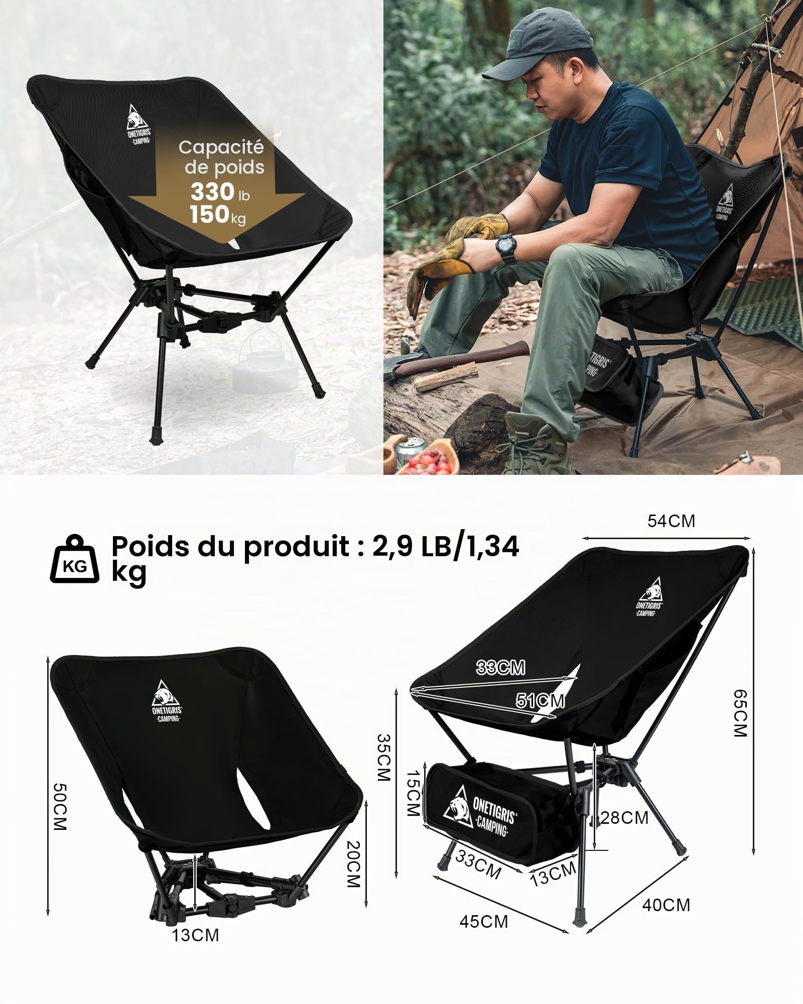 OneTigris TIGERBLADE Chaise de camping pliable 150 kg, cadre triangulaire, légère, avec 2 poches latérales, pour l'extérieur, la randonnée, noire
