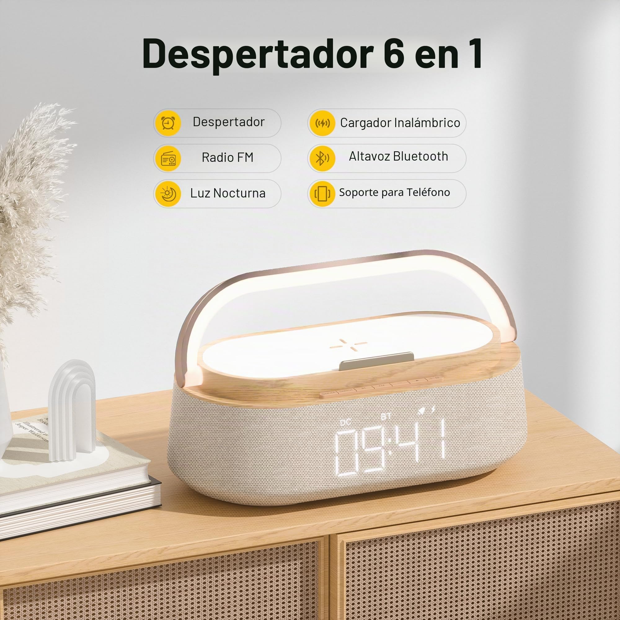 COLSUR Radio Despertador Digital con Carga Inalambrica, FM Radio con Puerto de carca USB, Pantalla LED Ajustable, Luz Nocturna, Bluetooth, Alarma de Temporizador de Apagado y Soporte para Teléfono