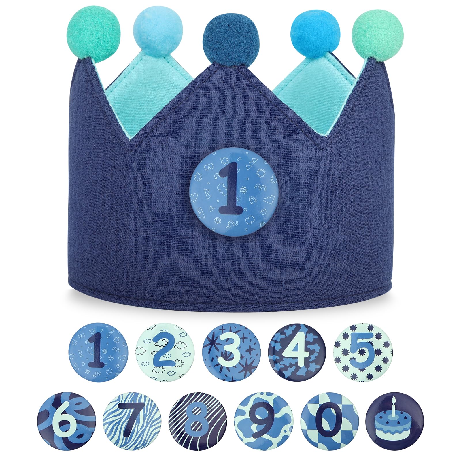 URAQT Kinder Geburtstagskrone, Geburtstagskrone für Jungen und Mädchen, Doppelseitige Wendbare, Kinder Geburtstagsgeschenke, Klett-Buttons mit Auswechselbaren Zahlen von 0-9(Blau+Grün)