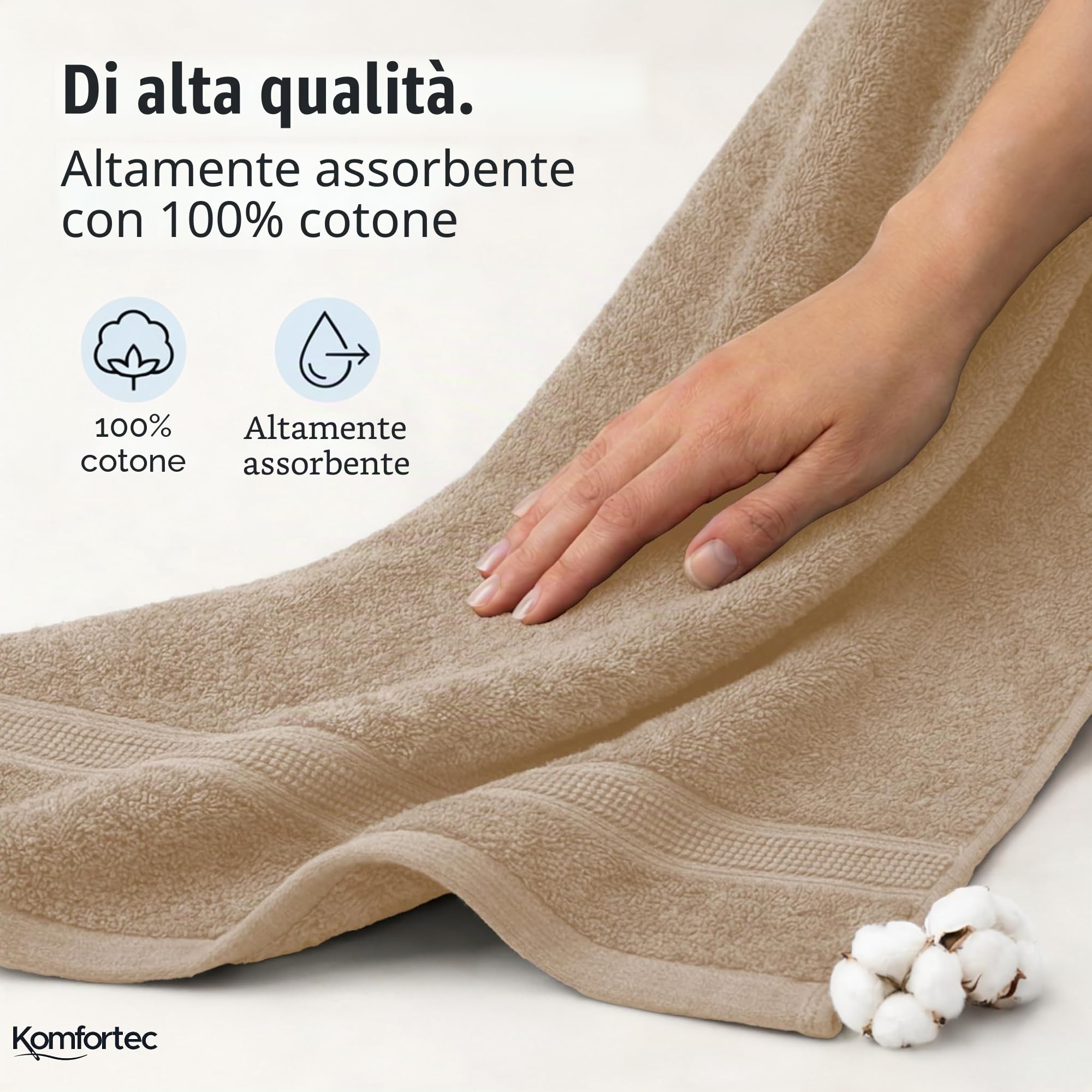 Komfortec Set di 8 asciugamani in 100% cotone, 4 teli da bagno 70 x 140 e 4 asciugamani da 50 x 100 cm, spugna, morbido, Towel, grande, nero/beige