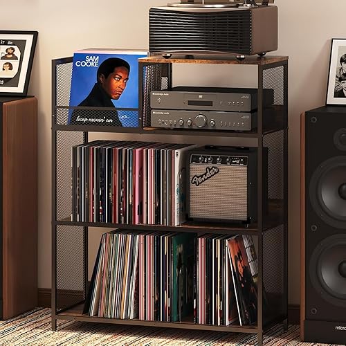 Miniatura 6 de Soporte grande para tocadiscos de 4 niveles, con capacidad para hasta 380-450 álbumes, soporte para tocadiscos con 4 divisores ajustables, soporte