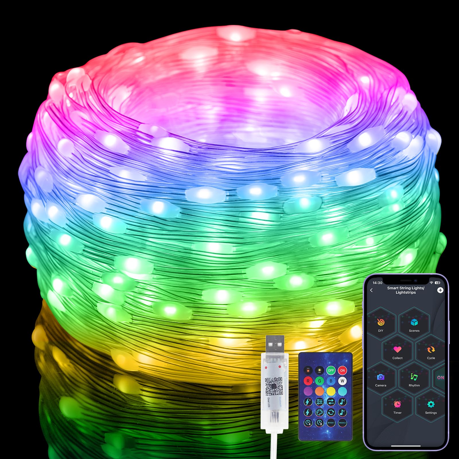 100 LED RGBIC Smart Fairy Lights [APP & Remote Control], 10M Multicolor Fairy Lights, USB Powered and IP65 Waterproof, 99+ Stage Modes, Christmas Lights Decoration for Outdoor/Indoor,