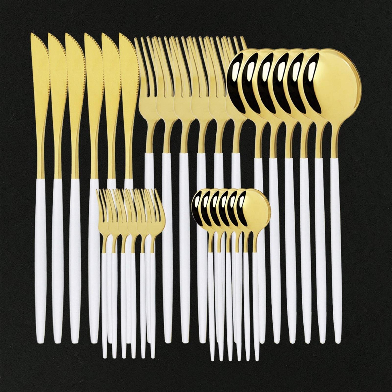 30 unids Conjuntos de vajilla de oro blanco Conjunto de cubiertos de acero inoxidable Cubiertos de oro Cubiertos Juego de vajillas de cuchara Western Cuchillo Cuchillo Set (Color : White Gold)