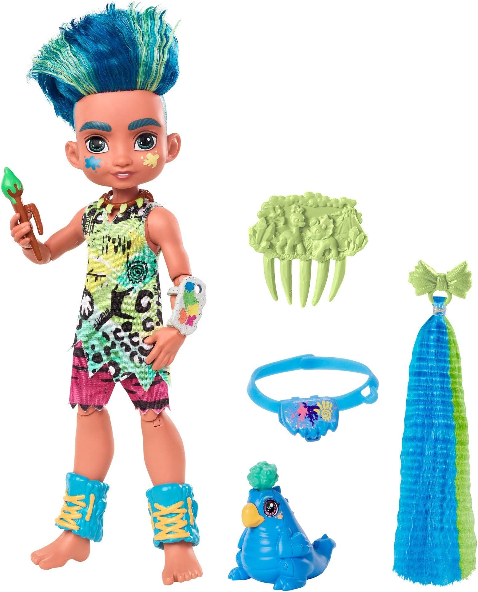 Mattel Cave Club Slate Doll (8-10-inch, Blue Hair) Poseable Prehistoric Fashion Doll with Dinosaur Pet and Accessories, Gift for 4 Year Olds and Up