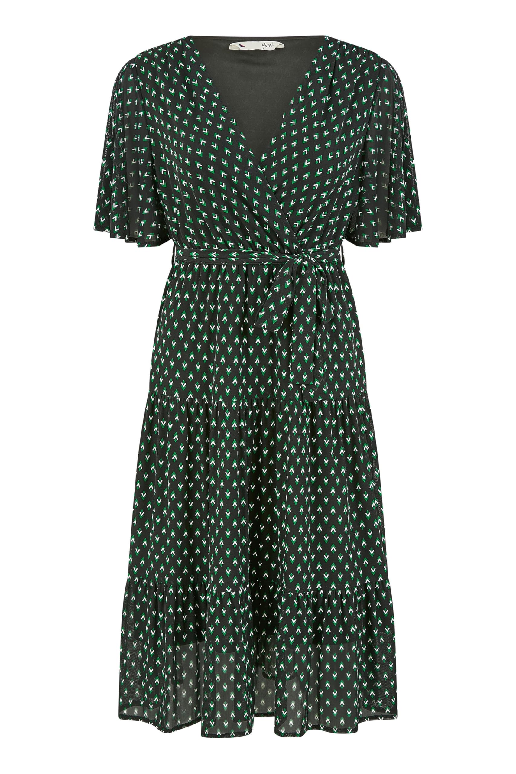 Yumi Black Dot Print Mesh Stretch Midi Skater Dress 12 Black