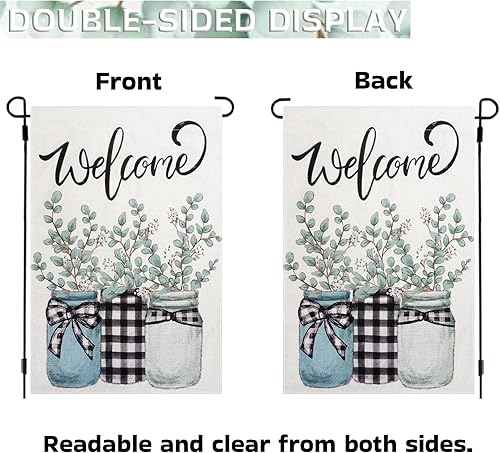 Miniatura 3 de Fowoxen Bandera de jardín de primavera y verano de doble cara de 12 x 18 pulgadas, tarro de eucalipto masón, decoraciones de arpillera de temporada