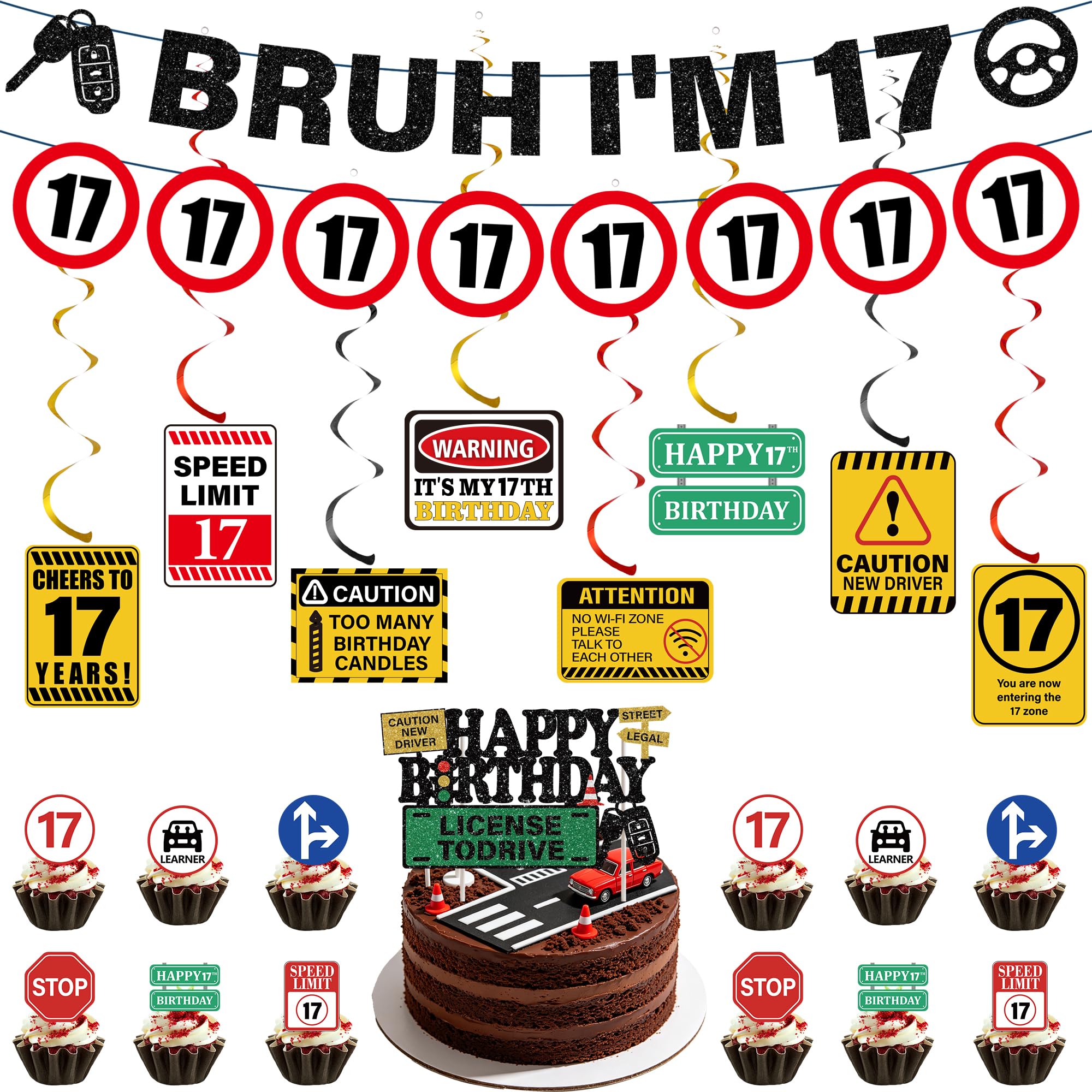 17th Birthday Decorations Banner Boy - 28 Pcs Black Gold Learner Driver Set