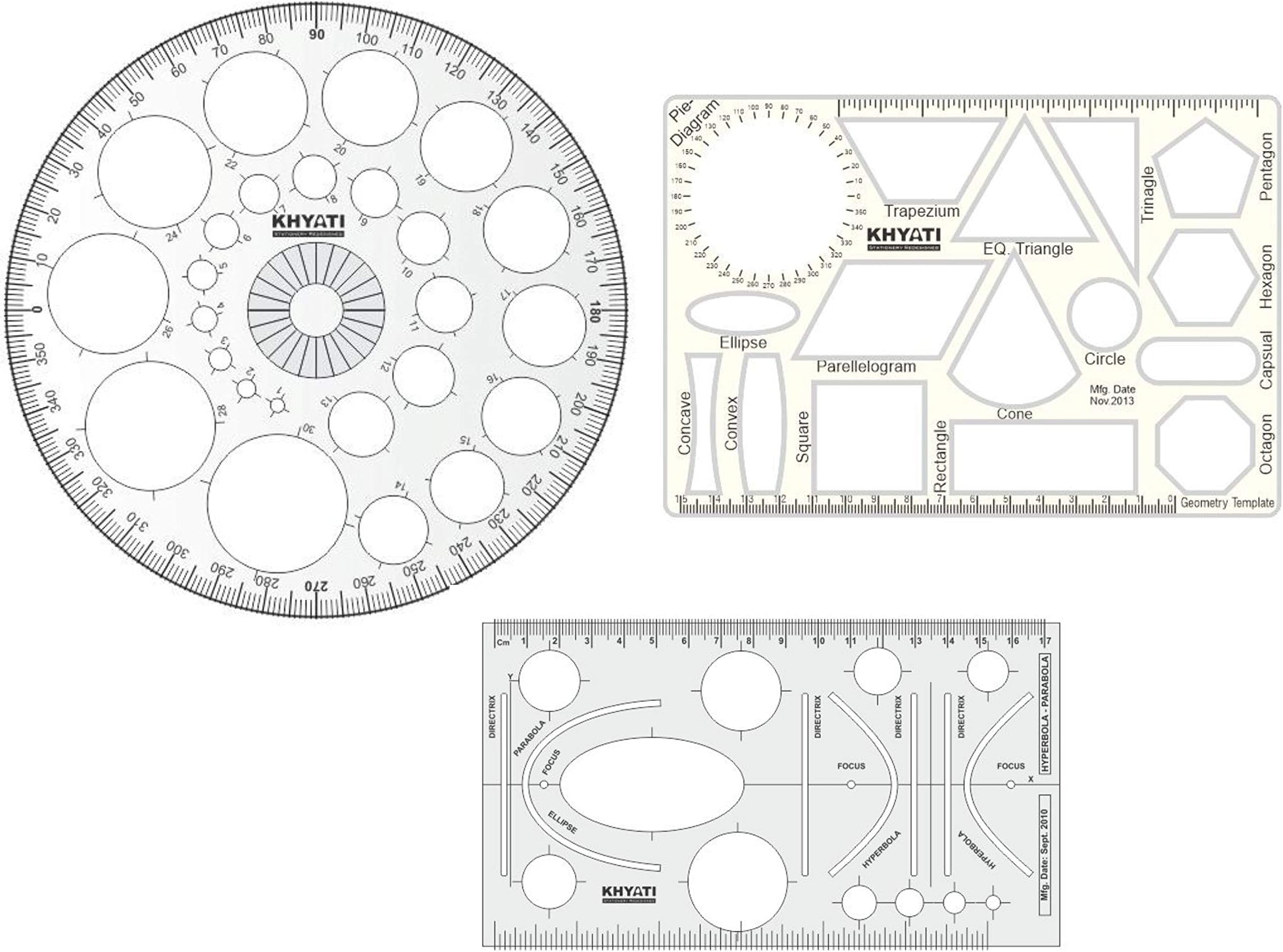 Plastic Pro Circle with 25 Circles, Hyperbola- Parabola Template, Geometry Template, Drafting Scale Ruler Very Useful to Architect, Engineering Students, Office Employee (Set of 3)