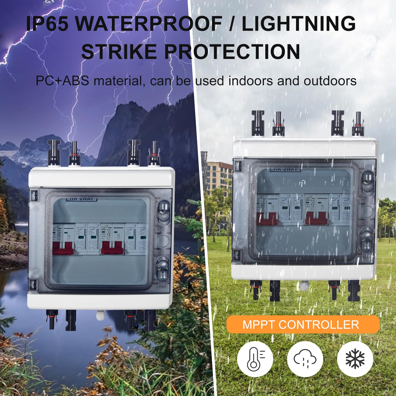 HENYEER Protezione contro le sovratensioni fotovoltaiche, interruttore isolatore CC 2 in 2 uscite Interruttore automatico di protezione contro i fulmini, interruttore isolatore CC 40 A/1000 V, scatola