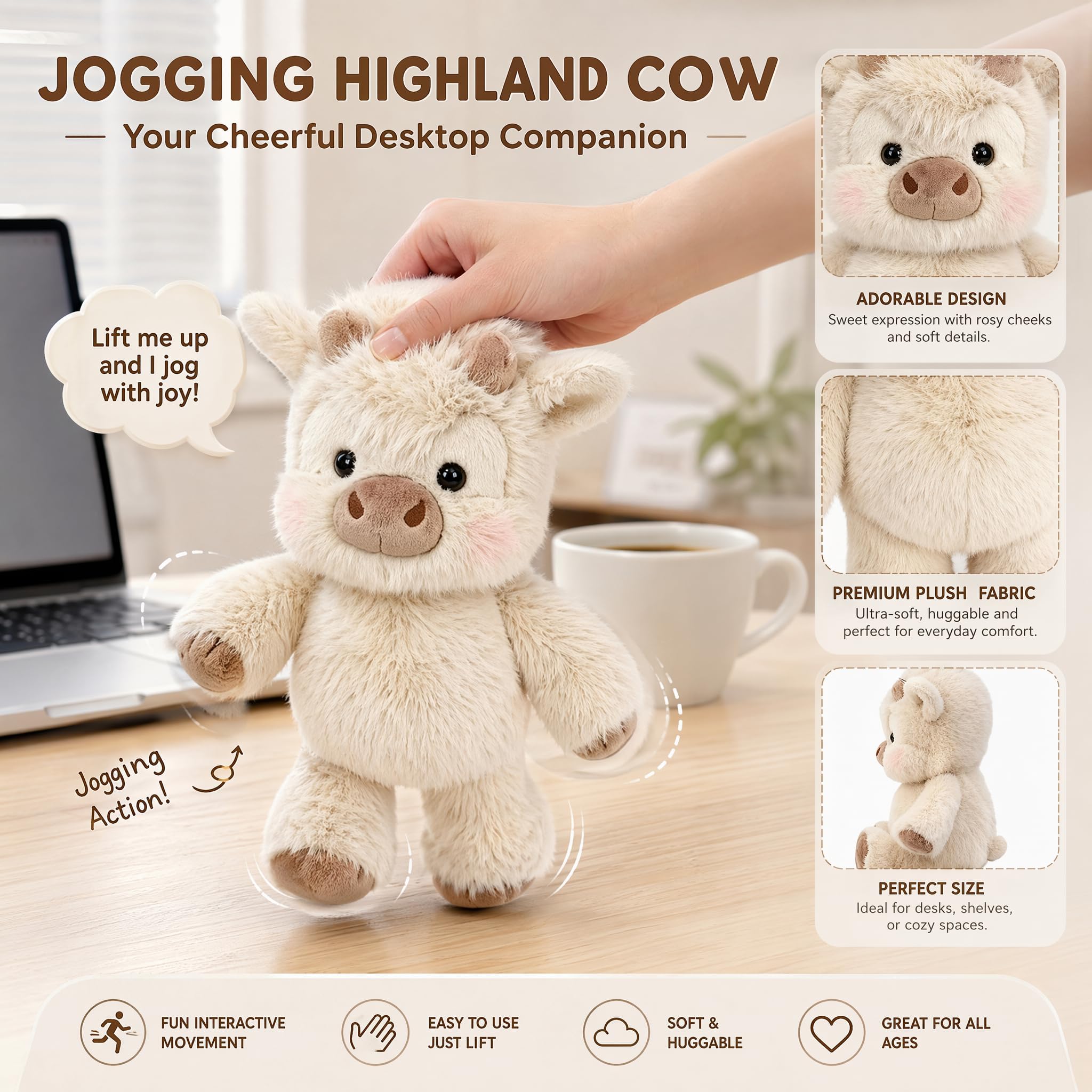 Pipihome Kuh Kuscheltier Hochlandrind, 45cm Hochlandrind Laufendes Kuscheltier, Highland Running Cow Kuscheltiere Plüschtiere, Cute Plüsch Kuh für Stressabbau Erwachsene Kinder Geburtstagsgeschenk