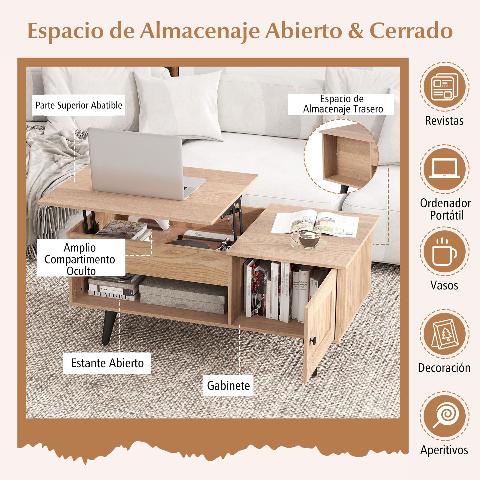 COSTWAY Mesa de Centro Elevable, Mesa de Café con Tablero Elevable, Gabinete, Compartimento Oculto y Estante Abierto, Mesita de Salón para Estudio y Oficina, 100 x 50 x 46-60 cm (Natural)