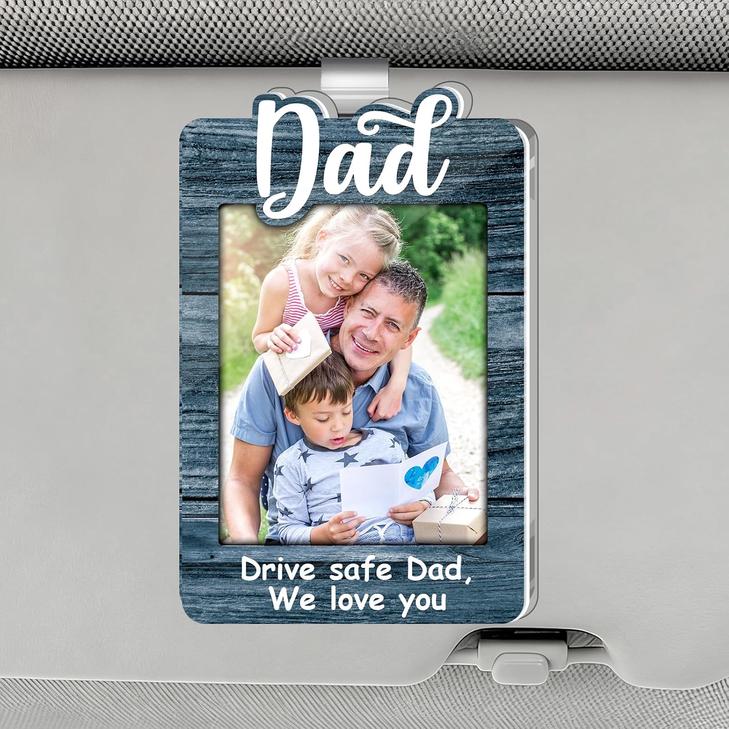 Best Gifts for Dad Car Visor Photo Frame, Rustic Blue Acrylic Picture Holder, Drive Safe Truck Interior Decor, Unique Christmas Stocking Stuffer for Men Husband
