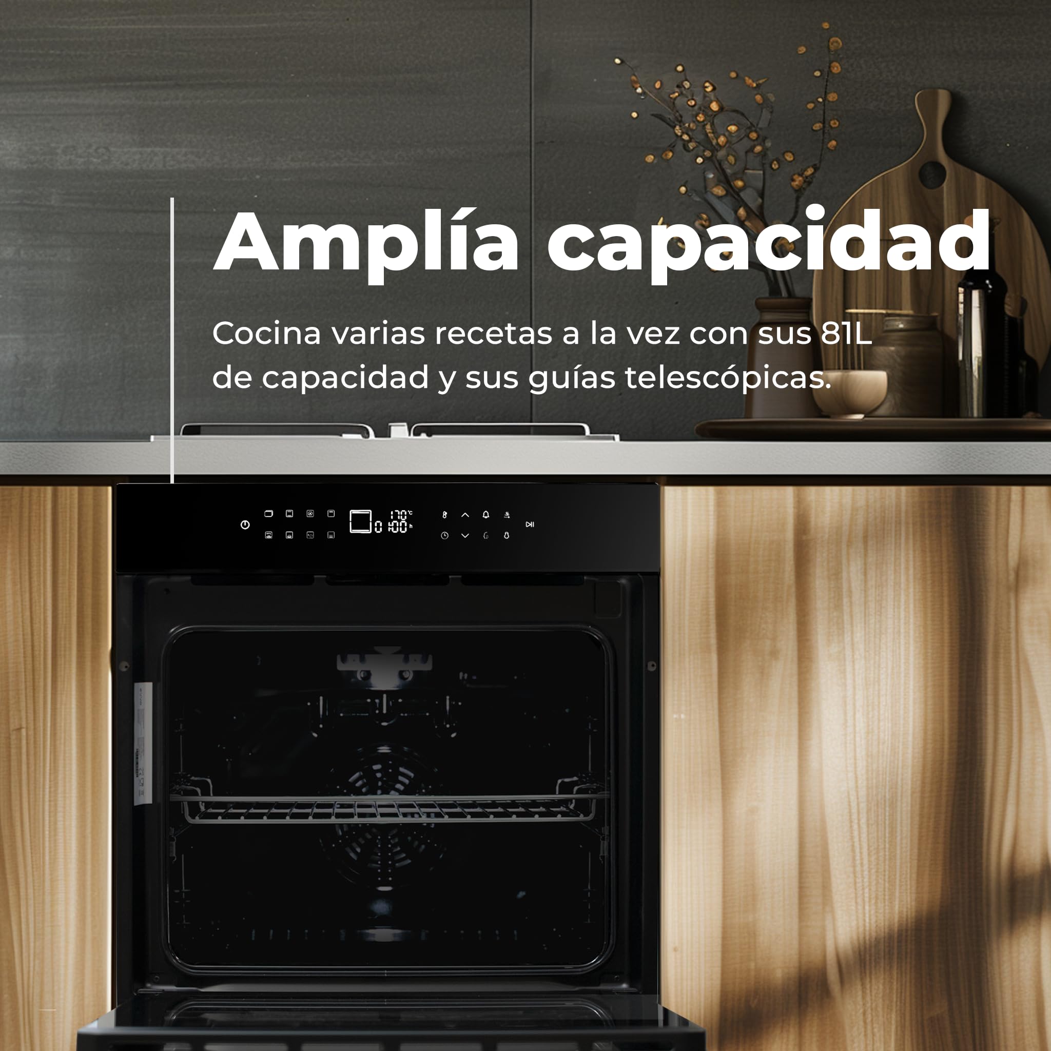 EVVO Horno Eléctrico Empotrable - Eficiencia A+, 81 L de Capacidad, Función Airfryer, 14 Programas, Temporizador, Display Digital, Control Táctil, Guía telescópica, Modelo: H26 (Negro)