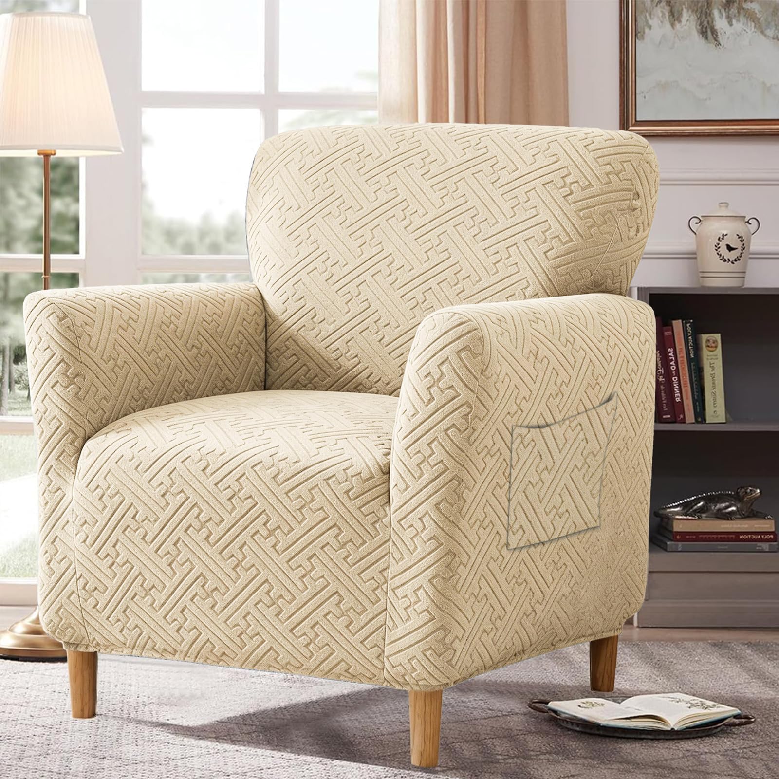 OKYUK Banquet Armchair Slipcovers Chair Slipcovers with Arms Stretch Chair Covers for Living Room Anti Slip Soft Armchair Slipcover Kids Pets Friendly Furniture Protector，Beige-A01