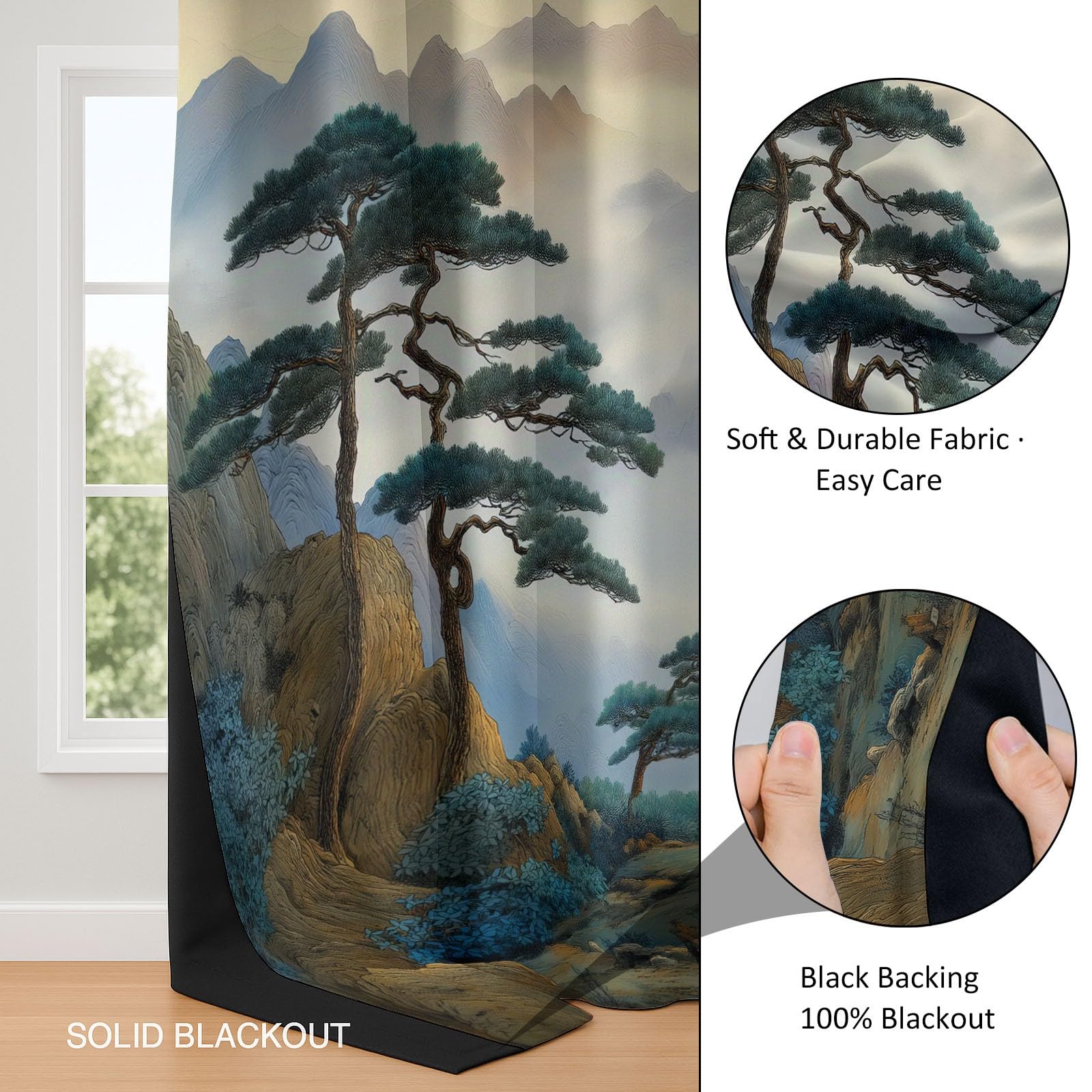 Bleu-Gris Rideaux Occultants Thermiques 280 x 260 cm Pins De Chine, Montagnes, Nuages – Rideaux Isolants Anti-Froid & Anti-Chaleur, Tissu Épais Haut de Gamme, Parfait pour Salon, Chambre ou Bureau