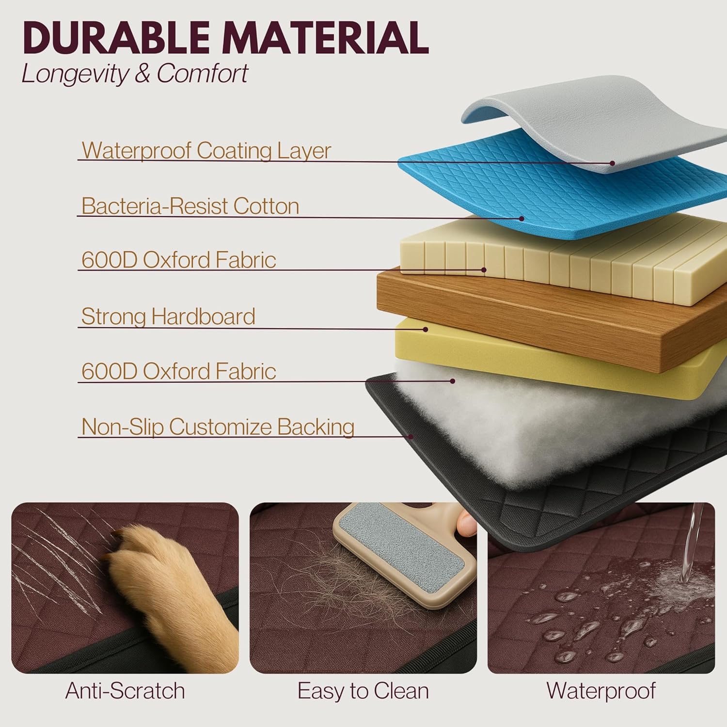 Dog Car Seat Cover with Hard Bottom – Back Seat Extender for Small & Medium Dogs, Waterproof & Non-Slip Hammock, Reinforced & Stable Design with Storage Pockets for Cars, SUVs & Trucks (Brown)