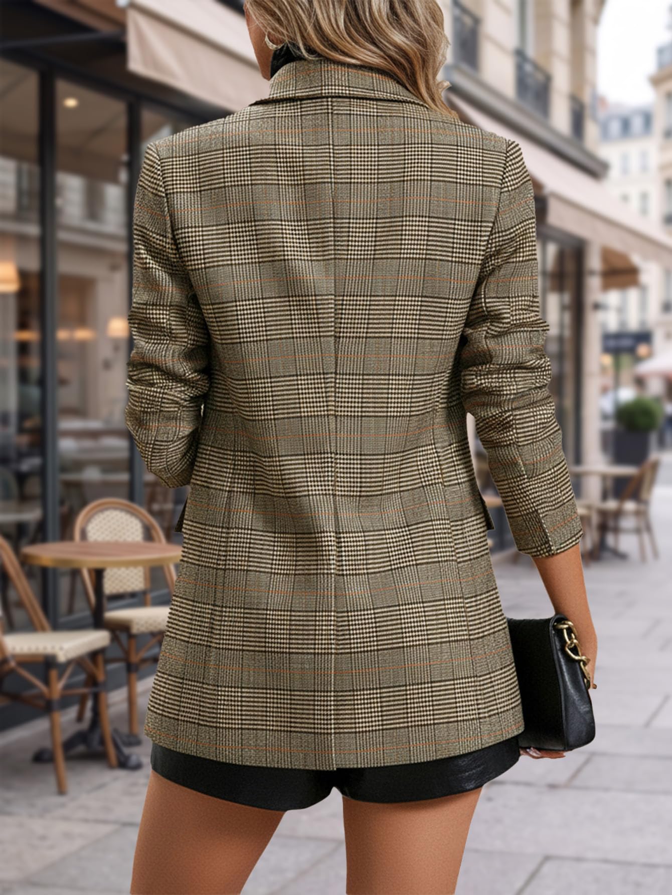 Mina Self 2025 Damen-Blazer mit Hahnentrittmuster und Karomuster, vollständig gefüttert, eleganter Business-Anzug, lässiger Büroanzug mit Taschen