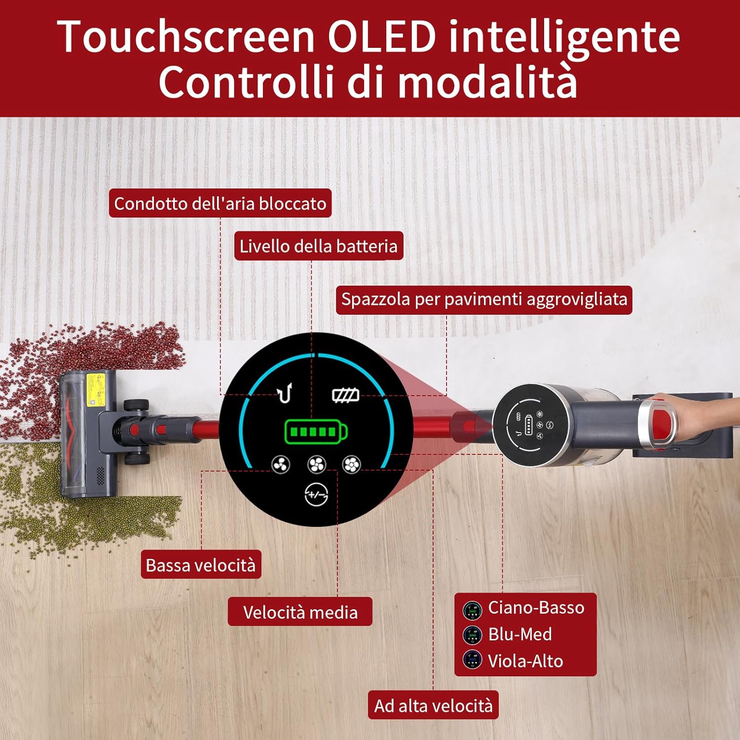 OLED touchscreen display showing battery level and suction modes