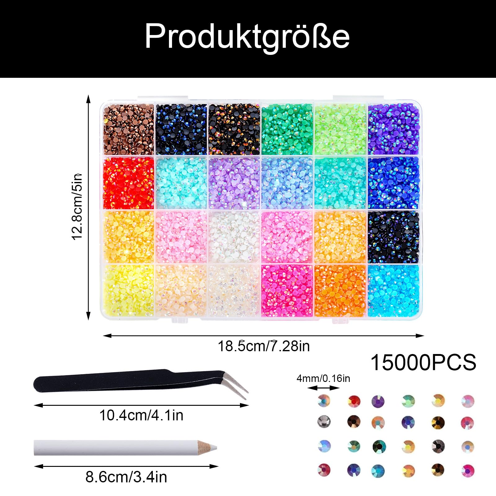 Lot de 19 200 strass pour ongles, 24 pierres de couleur de 3 mm, pierres à paillettes rondes avec pince et stylo, kit Bedazzler pour bricolage, artisanat, décoration des ongles (4 mm)