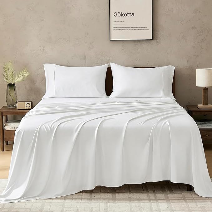 GOKOTTA Queen Size Bed Sheets 4 Piece Set, 100% Rayon Derived from Bamboo, Cooling for Hot Sleepers-Luxury Breathable Soft Sheets, Deep Pocket 16" Fitted Sheet with Elastic Corner Straps, Cream White
