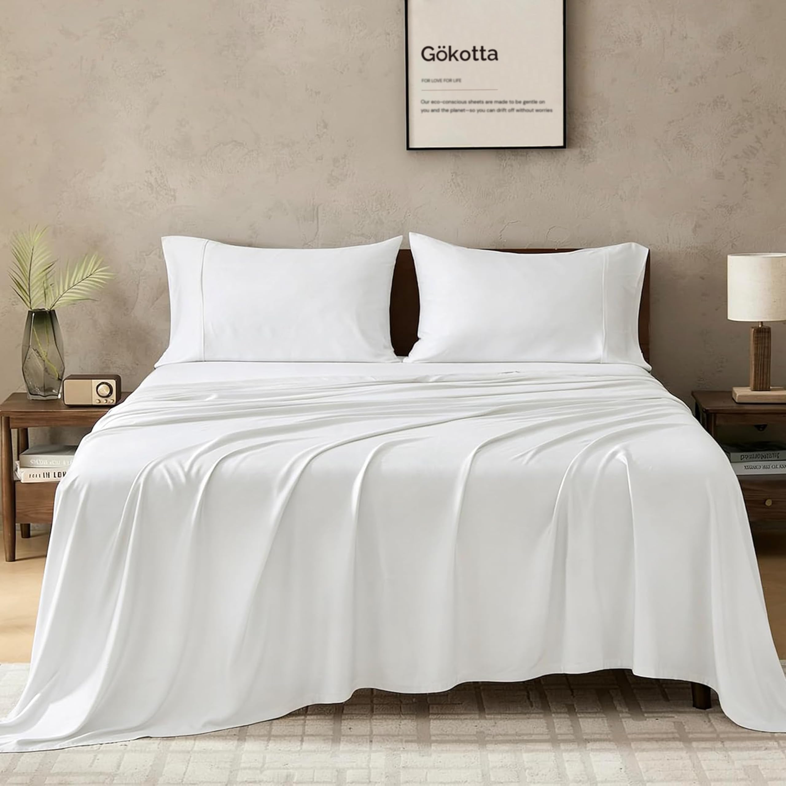 GOKOTTA King Size Bed Sheets 4 Piece Set, 100% Rayon Derived from Bamboo, Cooling for Hot Sleepers-Luxury Breathable Soft Sheets, Deep Pocket 16" Fitted Sheet with Elastic Corner Straps, Cream White