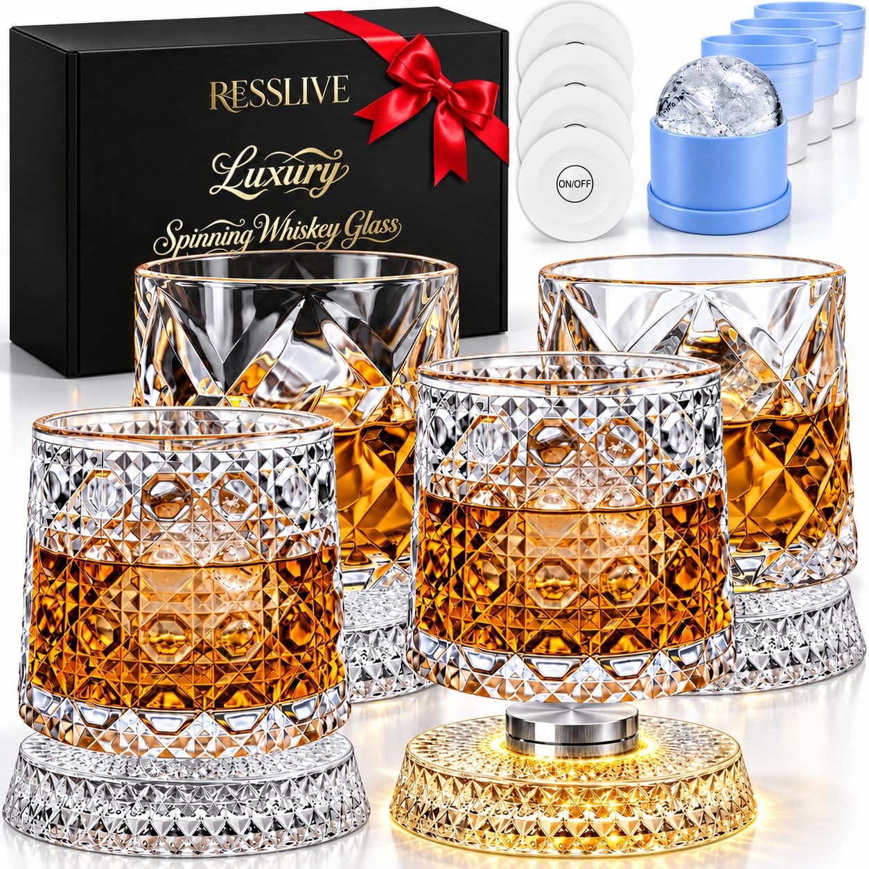 Lot de 4 verres à whisky rotatifs, 300 ml, verres à whisky à tourner