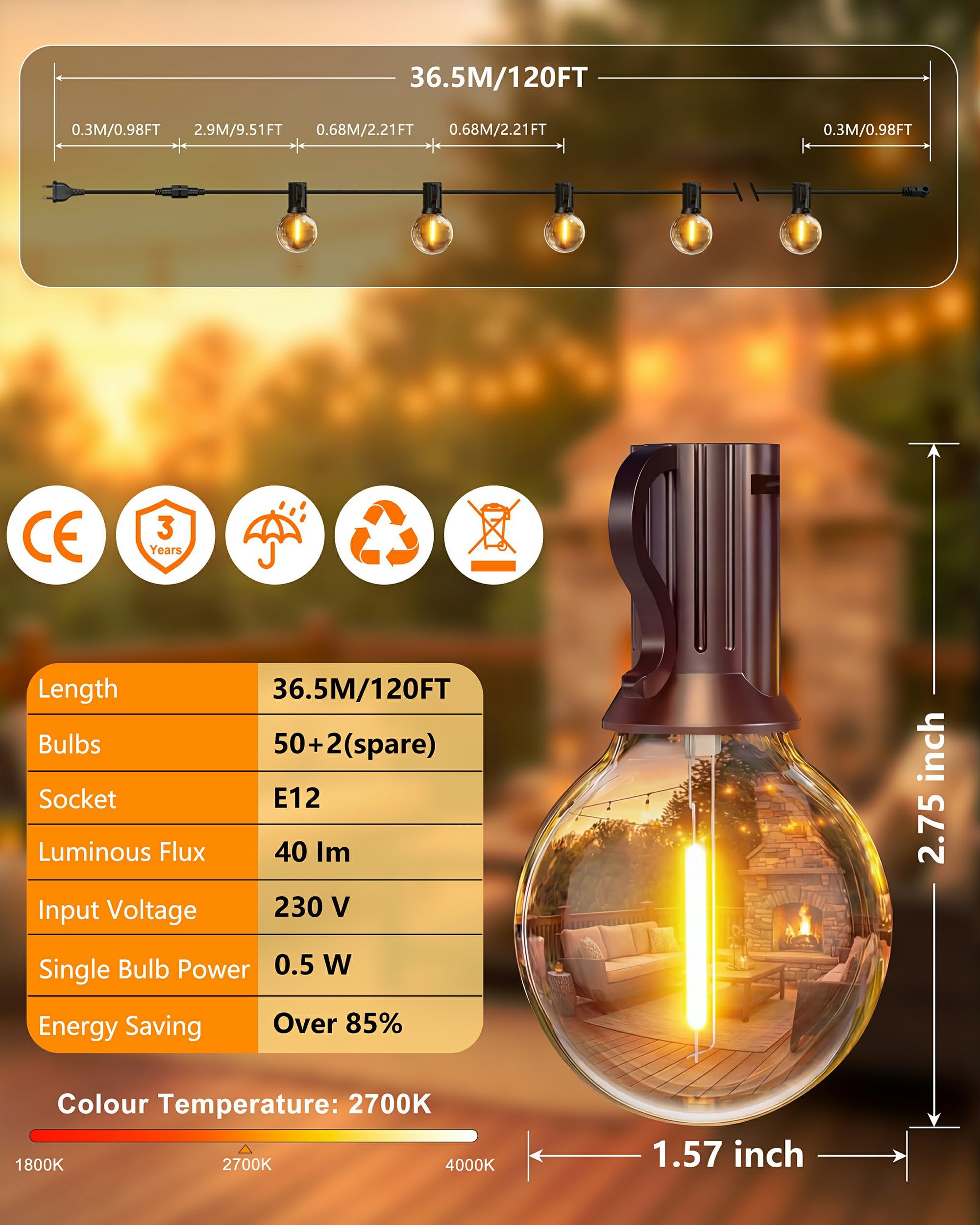 Lichterkette Außen 36M, Dimmbar G40 LED Lichterkette Strom | 50+2 G40 Glühbirnen, IP65 Wasserdichte, Bruchsicher, Anschließbar 2700K LED Strom für Balkon, Garten, Terrasse, Hochzeiten