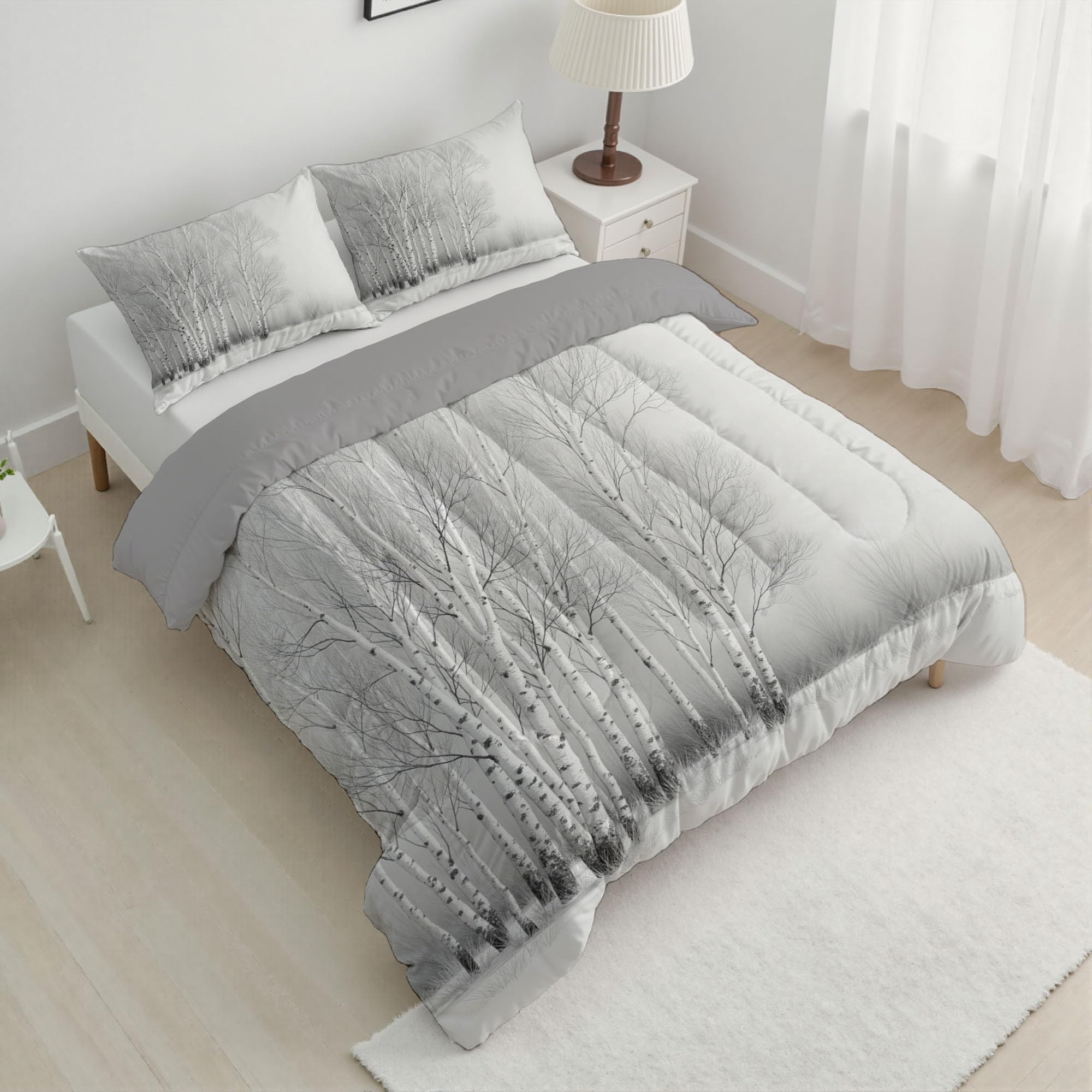 Edredón Cama 180 Abedules Juego de Edredón Reversible Bosque De Invierno Nórdico Acolchado Ligero y Cálido con Fundas para Cualquier Temporada, Gris, 260x230cm