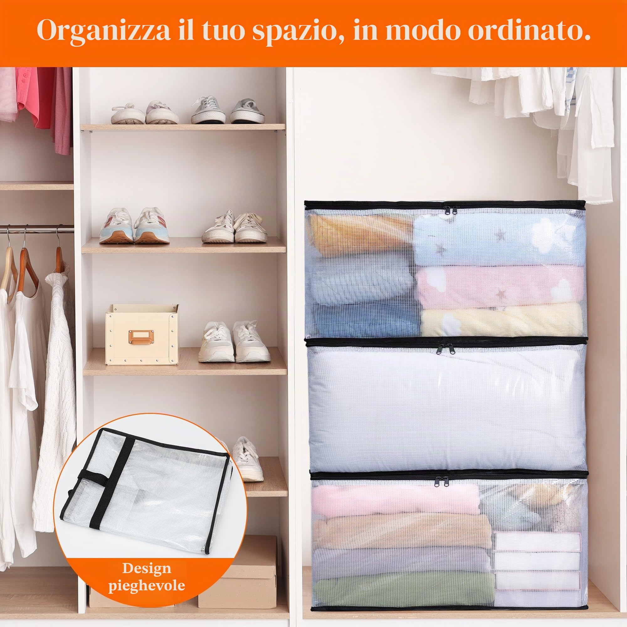 Vieshful Set di 3 Borse Trasparenti da 60L con Cerniera e Manici – Contenitori in Plastica per Vestiti, Coperte, Trapunte, Piumoni, Abiti Bambino, Biancheria e Articoli per il Trasloco