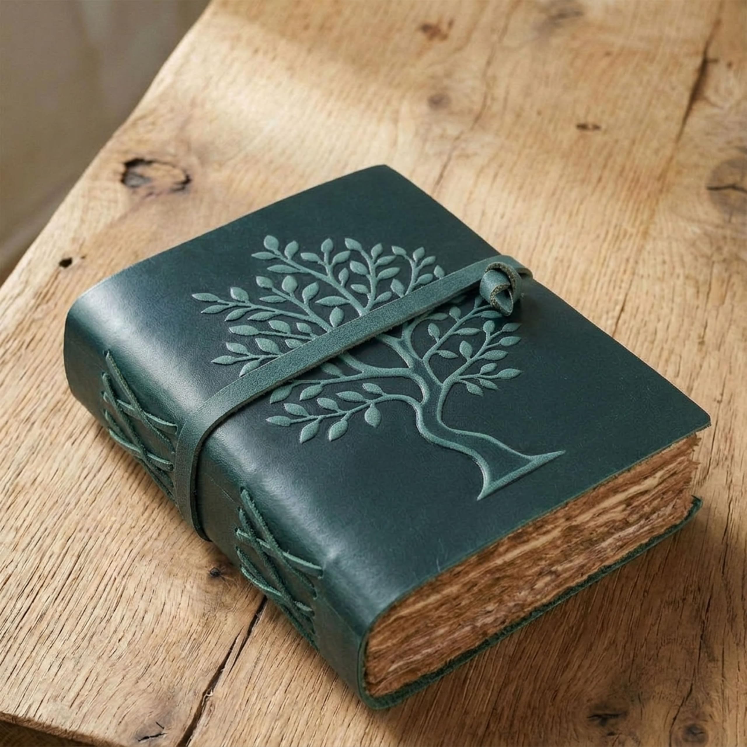 LEATHER VILLAGE Tree of Life Handmade Leather Bound Vintage Journal for Men & Women - 200 Pages Antique Deckle Edge Handmade Paper- Book of Shadow - Turquoise - 6 x 4 inches