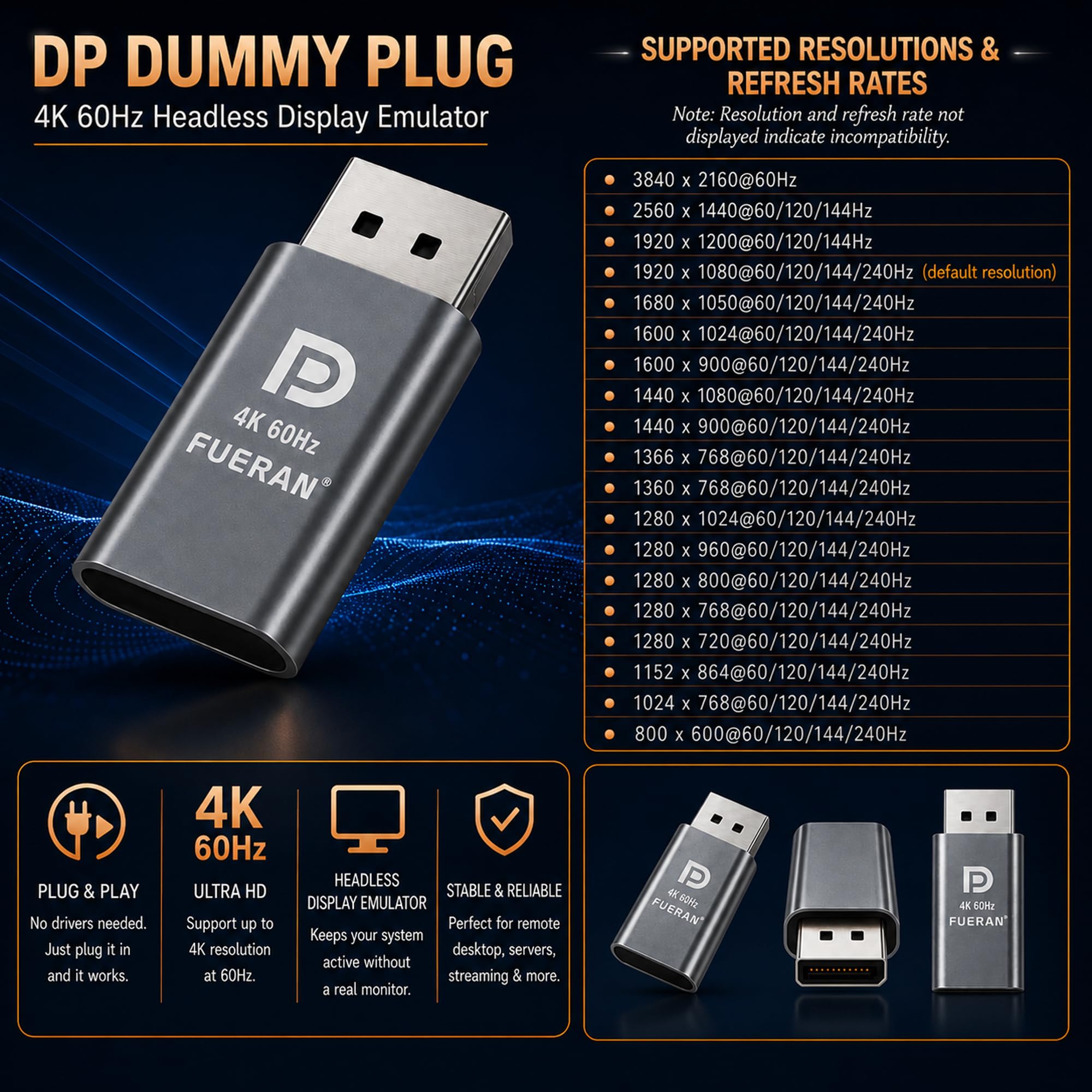 4K60Hz DP Dummy Plug, 3840x2160@60Hz 1440P@120/144Hz 1080P@120/144/240Hz Display Virtual Display Emulator Displayport Dummy Plug, Headless Ghost Display Adapter, Monitor EDID (Grey, 1 Pack)