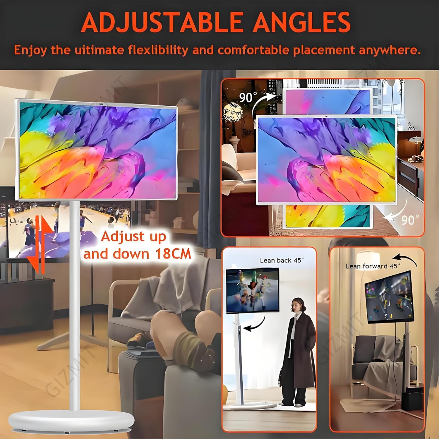 Mobile Portable TV, 4k UHD Smart Portable TV on Wheels with Touch Screen Monitor|Built-in 6-8H Battery|Portable Touchscreen TVs| Android 13|Full Swivel Rotation|Remote Control 4+64G-21.5Inch